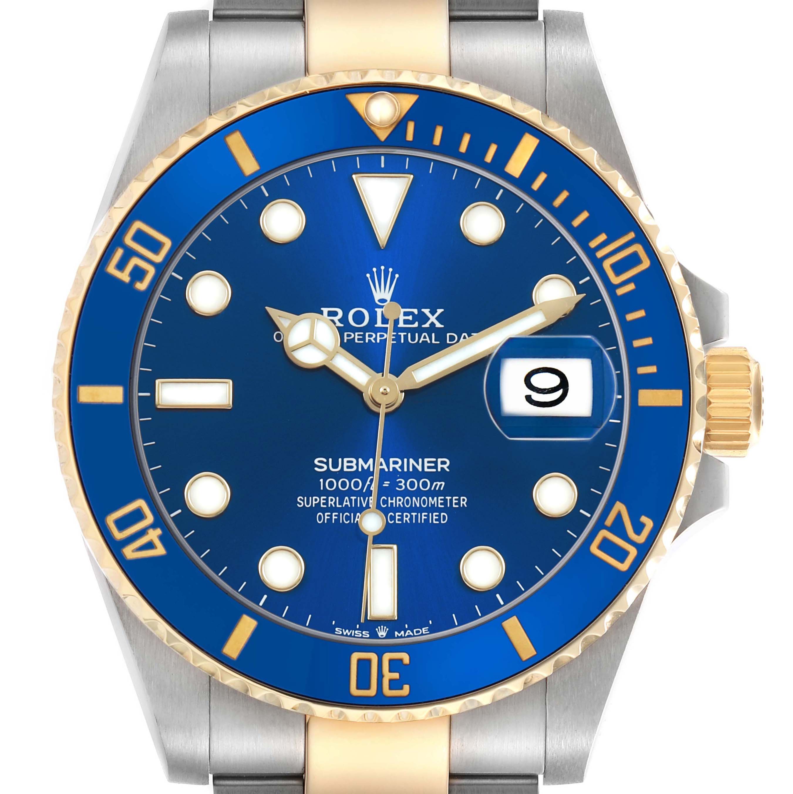 The Rolex Submariner M126613LB-0002 Men's Stainless Steel Blue Dial watch is shown from a top-down angle, highlighting the bezel, dial, hands, and part of the bracelet.