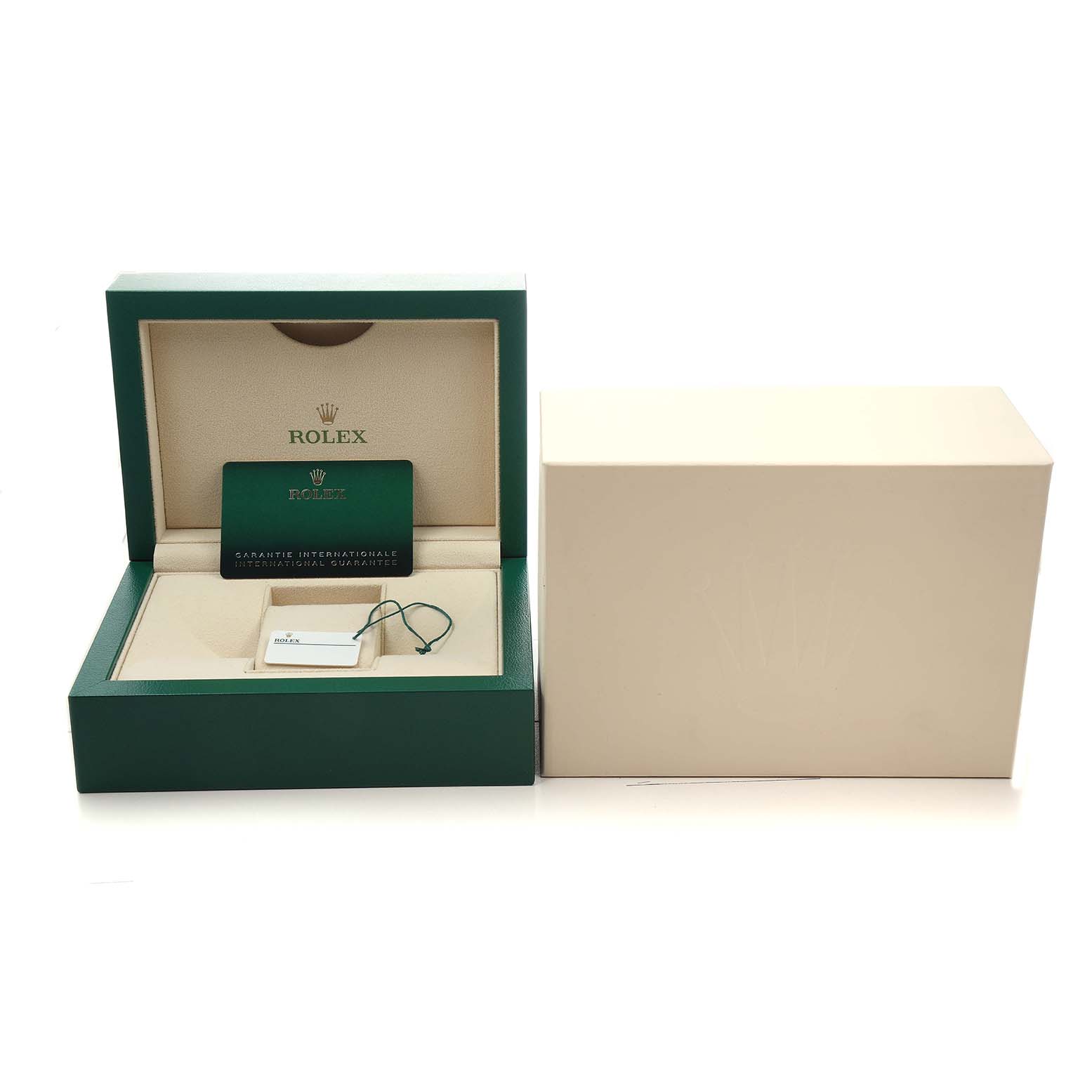 The image shows a Rolex Submariner M126613LB-0002 Men's Stainless Steel Blue Dial watch box, open, with a warranty card and a tag inside, and an outer box beside it.