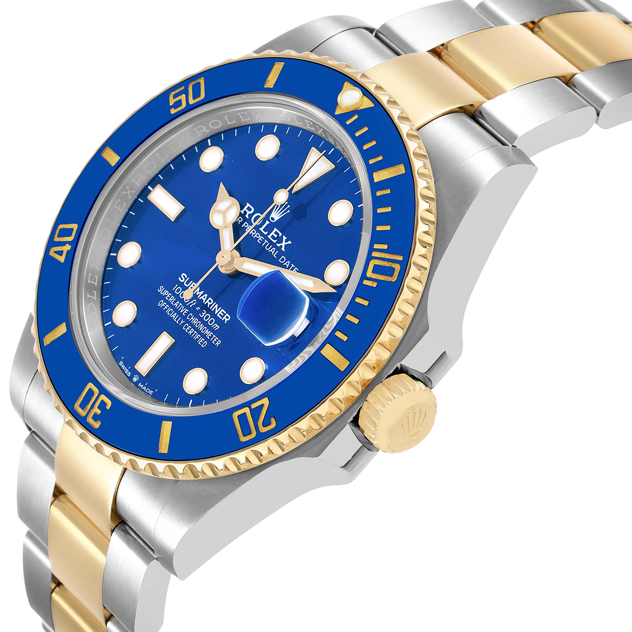 The Rolex Submariner 126613LB Men's Stainless Steel Blue Dial watch is shown from an angled side view, highlighting the blue dial, gold crown, and two-tone bracelet.