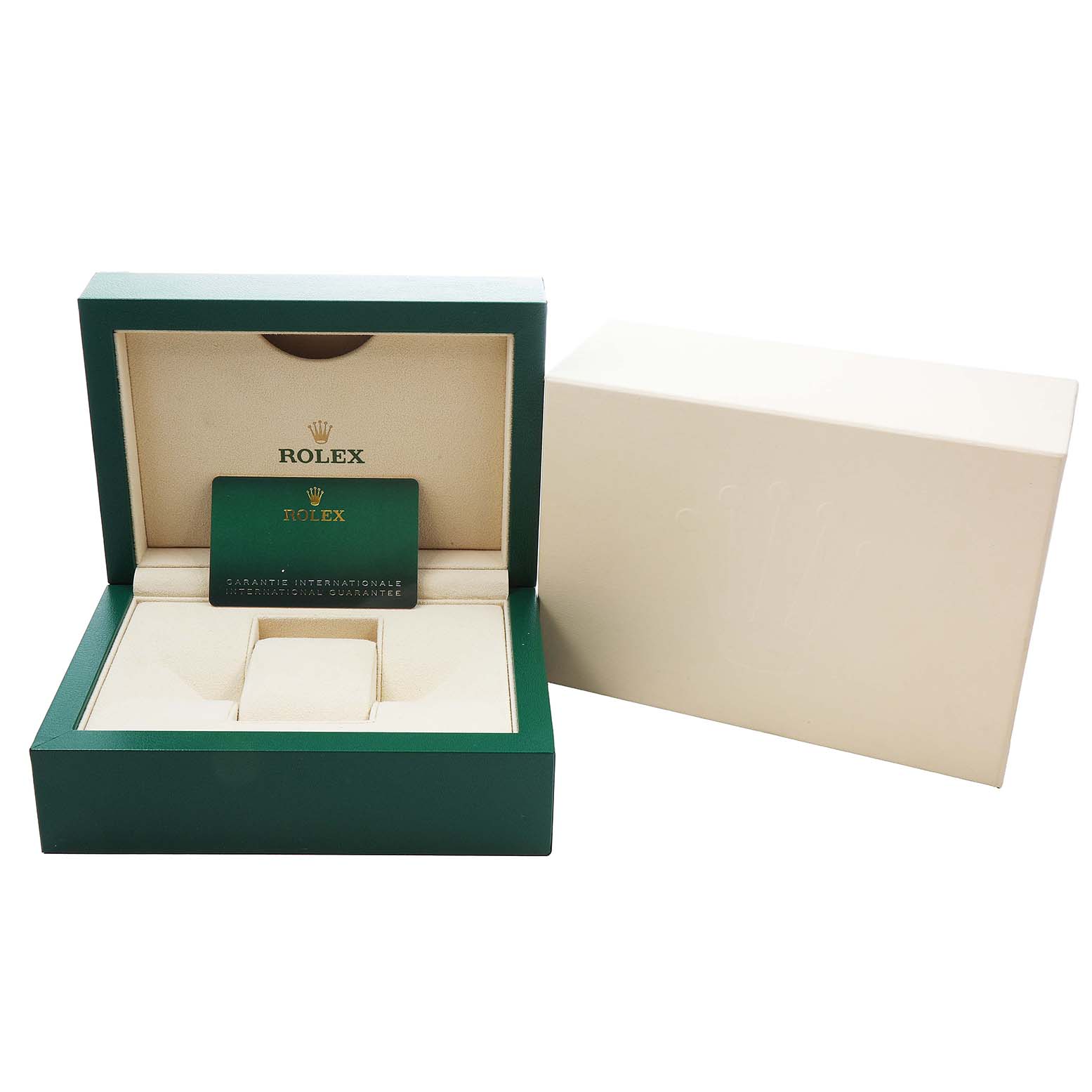 The image shows a Rolex Submariner 126613LB Men's Stainless Steel Blue Dial box and a warranty card displayed at an angle revealing the interior.