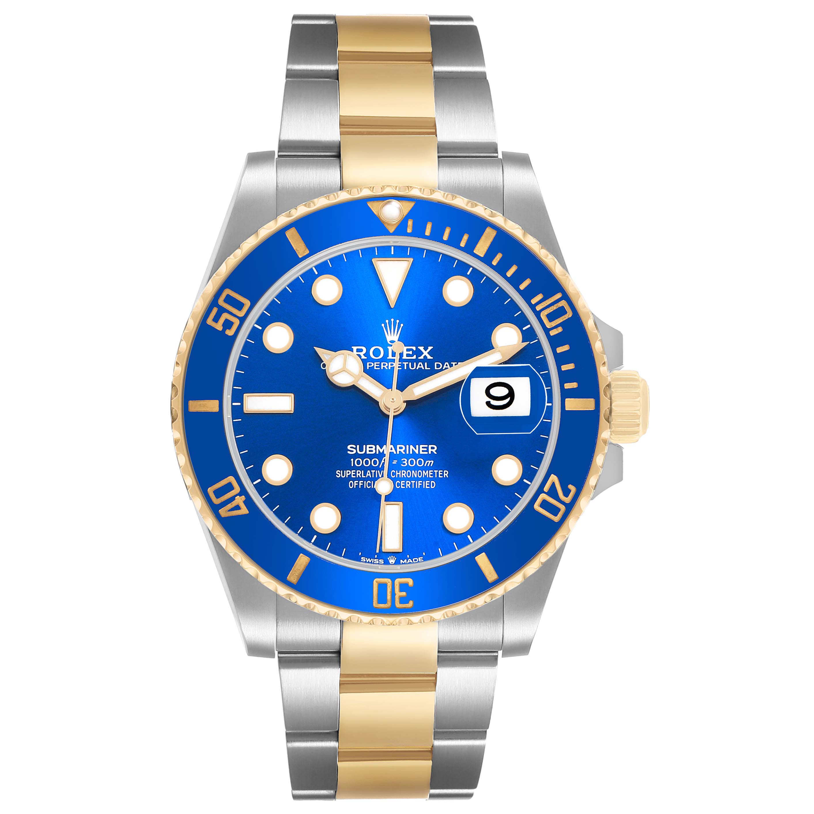 The Rolex Submariner 126613LB Men's Stainless Steel Blue Dial is shown from a front angle, displaying its blue dial, gold and silver bracelet, and date feature.