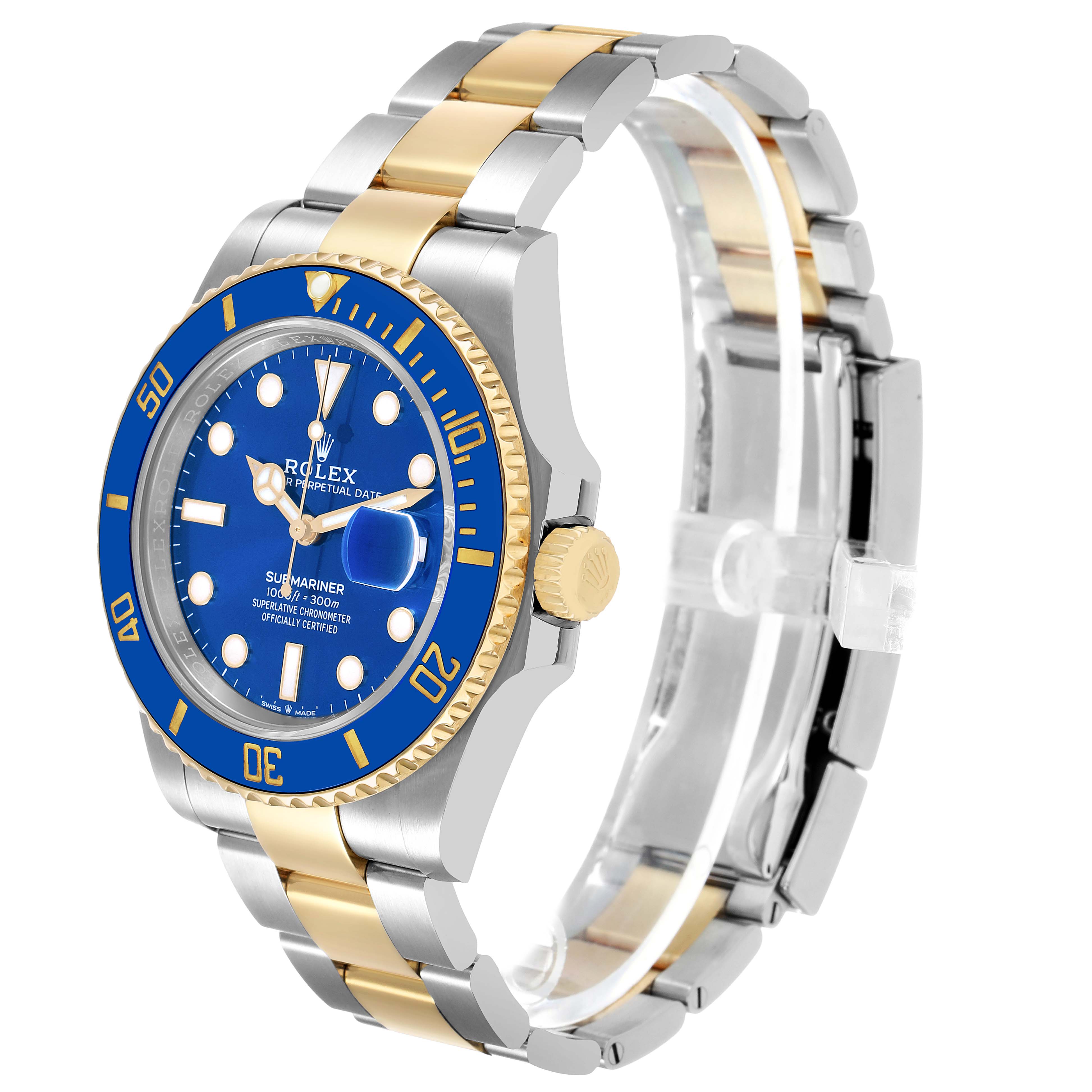 The Rolex Submariner 126613LB Men's Stainless Steel Blue Dial watch is shown at a three-quarter angle, displaying its blue dial, bezel, and two-tone metal bracelet.