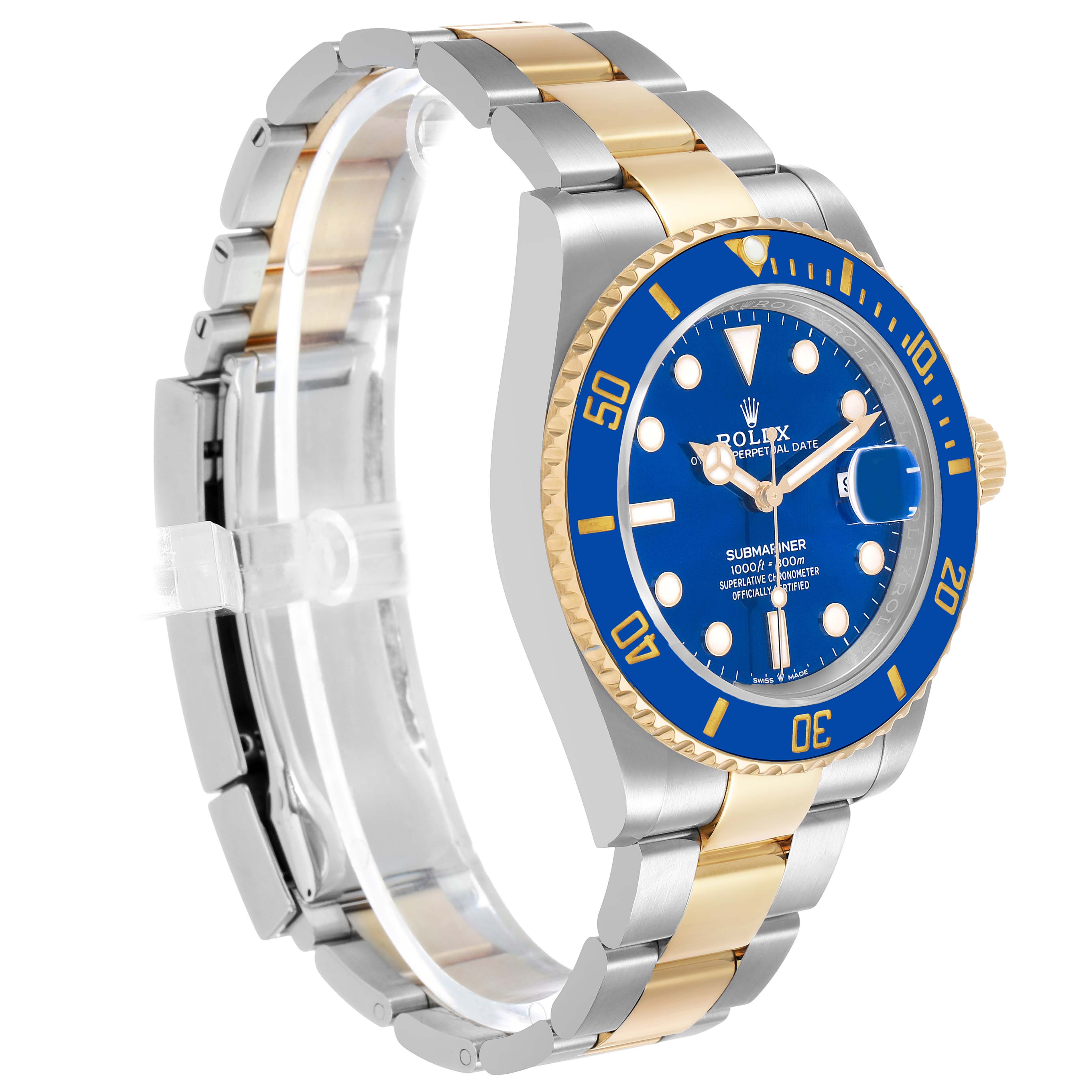 The Rolex Submariner 126613LB Men's Stainless Steel Blue Dial watch is shown at a three-quarter angle, highlighting the blue dial, gold bezel, and bicolor bracelet.
