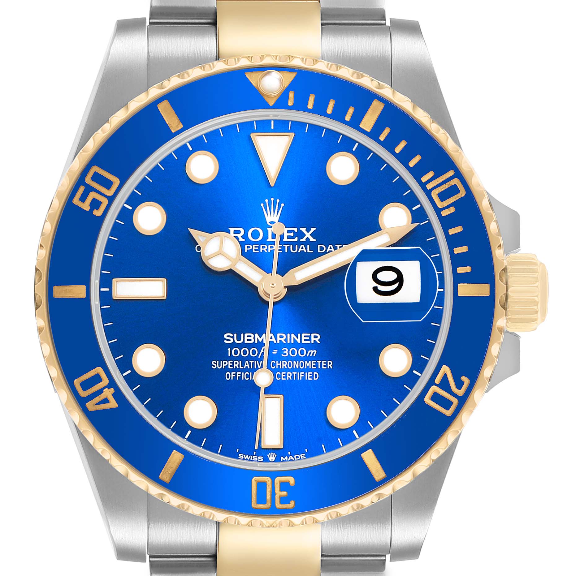 The Rolex Submariner 126613LB Men's Stainless Steel Blue Dial watch is shown front-on, highlighting the blue dial, gold bezel, and crown.