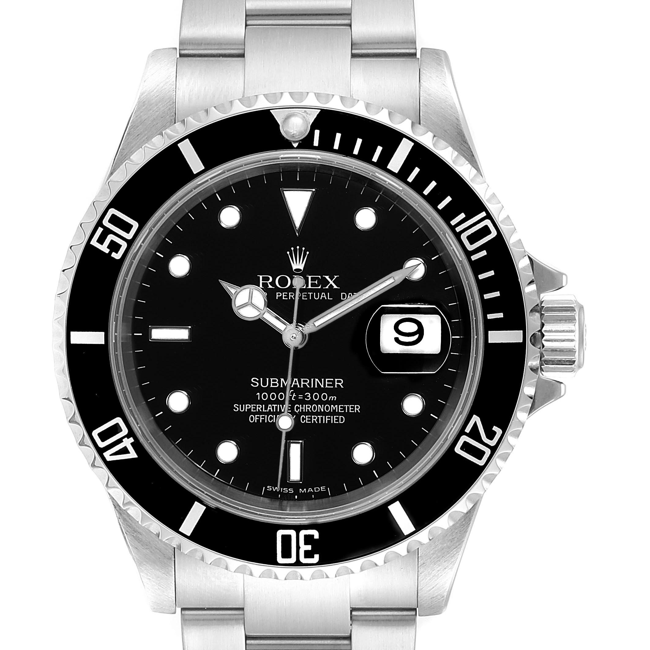 The Rolex Submariner 16610 Men's Stainless Steel Black Dial 16610 Men's Stainless Steel Black Dial watch is shown from the front, displaying the dial, bezel, and part of the bracelet.