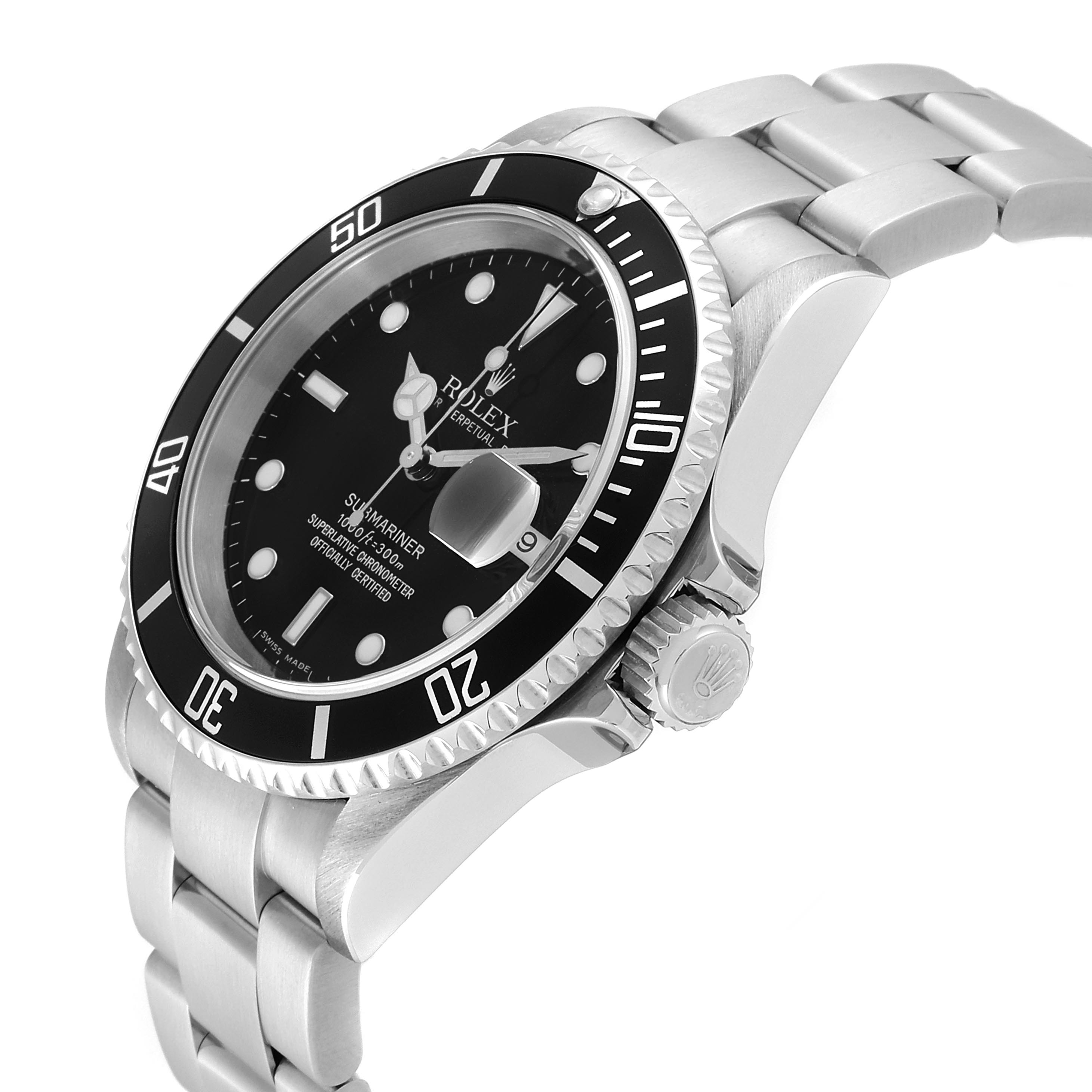 The image shows a side angle of a Rolex Submariner 16610 Men's Stainless Steel Black Dial 16610 Men's Stainless Steel Black Dial watch displaying the dial, bezel, bracelet, and crown.