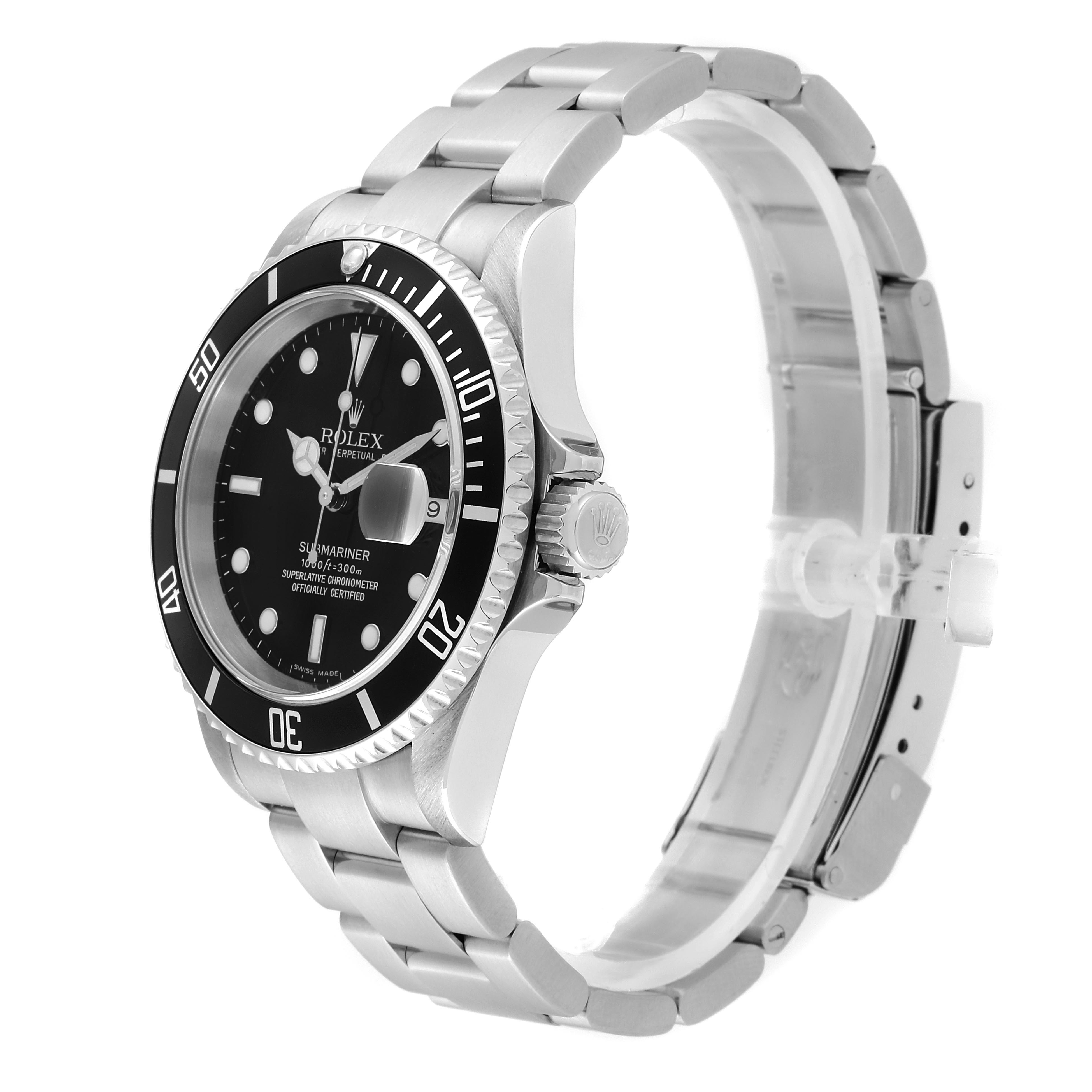 This image shows a side angle of the Rolex Submariner 16610 Men's Stainless Steel Black Dial 16610 Men's Stainless Steel Black Dial watch, highlighting its black dial, bezel, and stainless steel bracelet.