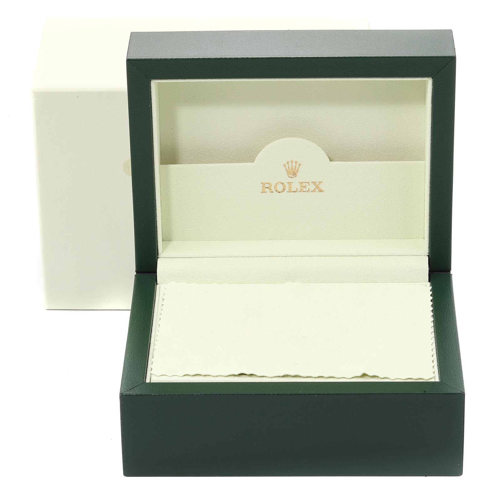 The image shows an open green Rolex Submariner 16610 Men's Stainless Steel Black Dial 16610 Men's Stainless Steel Black Dial watch box with the Rolex logo inside, but no watch is present.