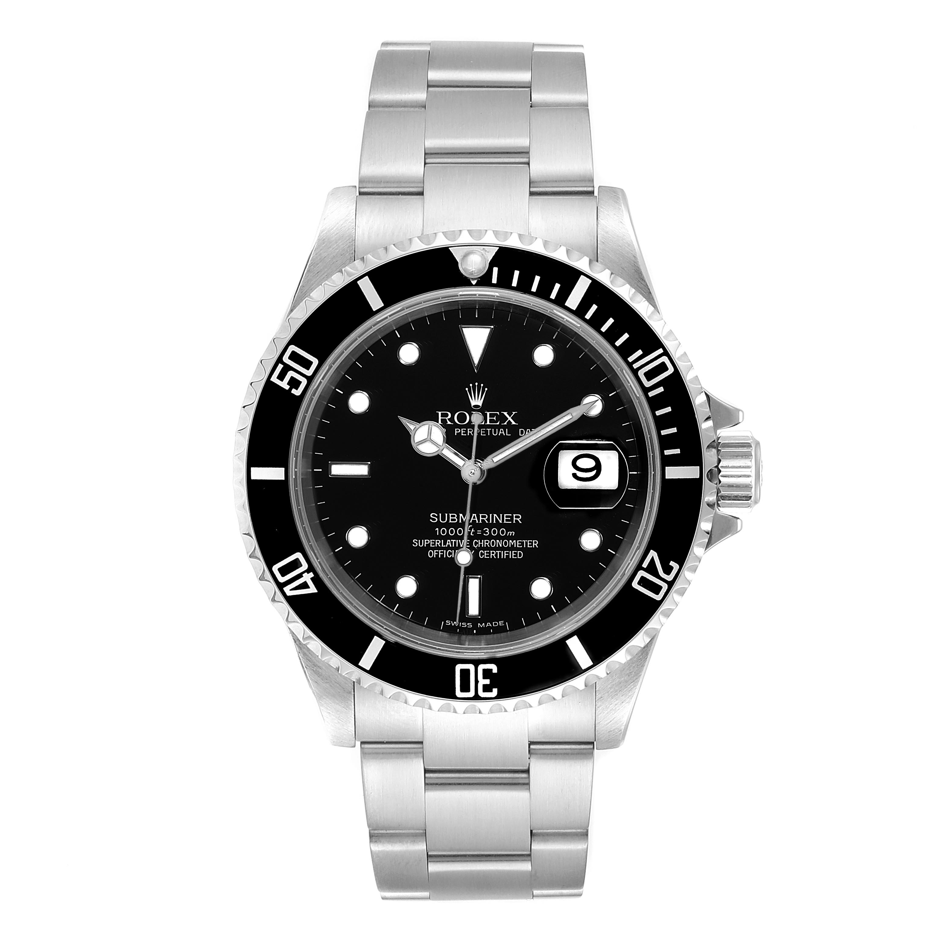 This image shows a front view of a Rolex Submariner 16610 Men's Stainless Steel Black Dial 16610 Men's Stainless Steel Black Dial watch, displaying its face, bezel, and bracelet.