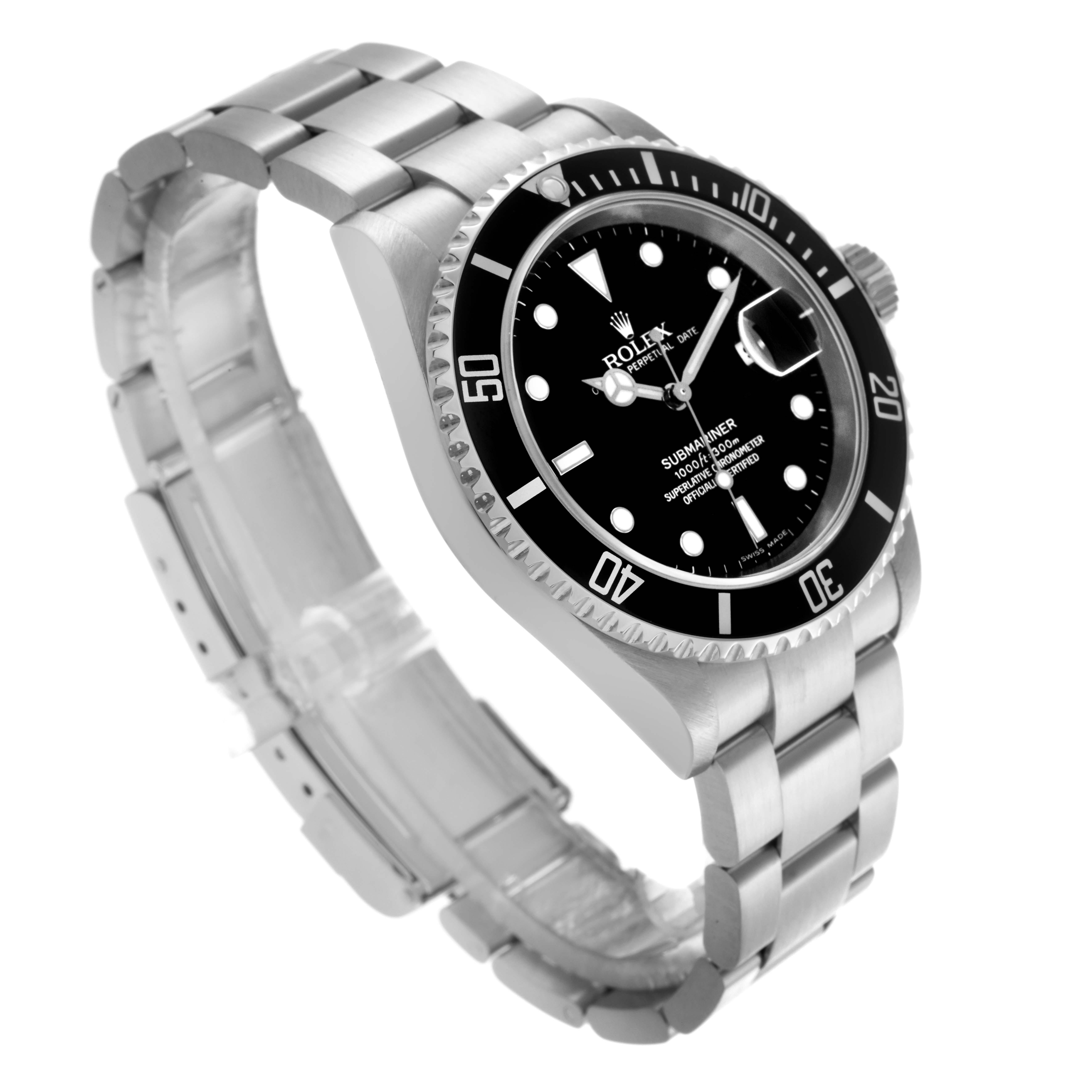 The Rolex Submariner 16610 Men
s Stainless Steel Black Dial 16610 Men
s Stainless Steel Black Dial watch is shown at a three-quarter angle, displaying the face, bezel, and metal bracelet clearly.