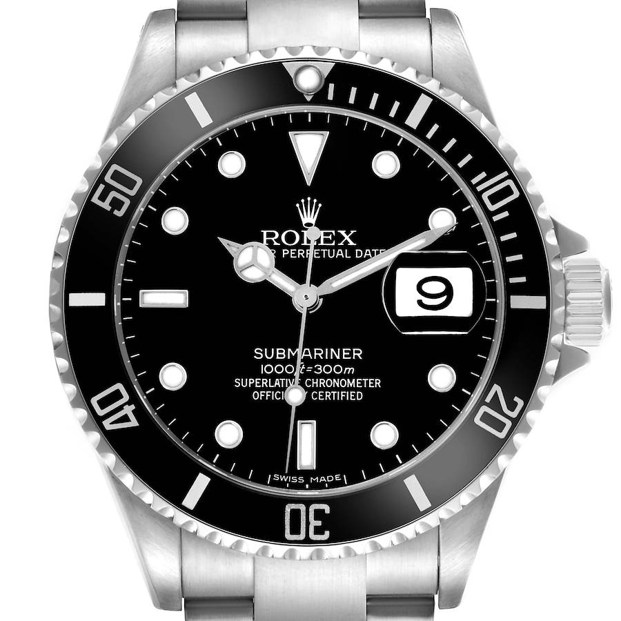 The Rolex Submariner watch is shown straight on, highlighting its dial, bezel, date, and part of the bracelet.