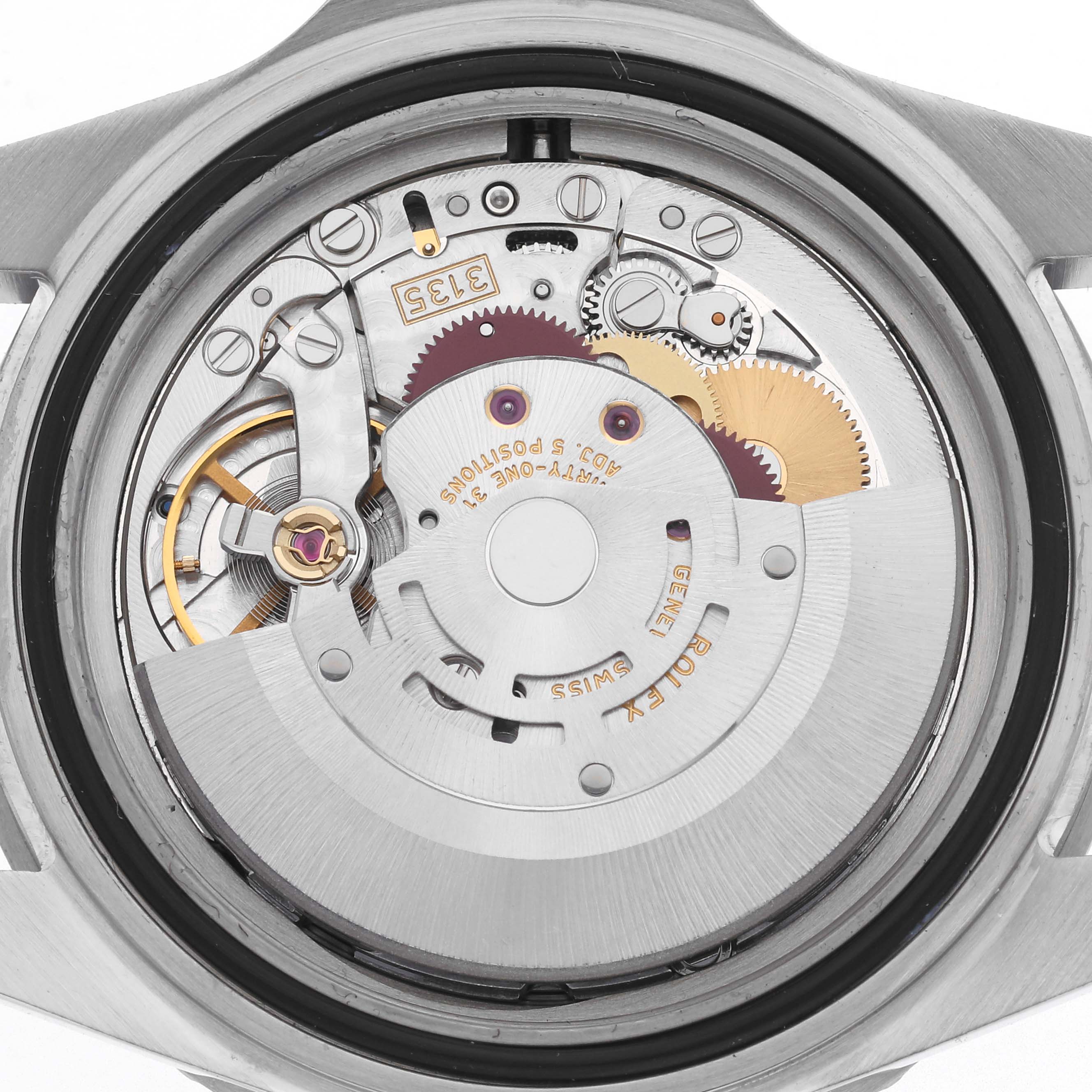 The image shows the movement mechanism of a Rolex Submariner 16610 Men
s Stainless Steel Black Dial 16610 Men
s Stainless Steel Black Dial watch from a rear angle, highlighting gears and intricate components.