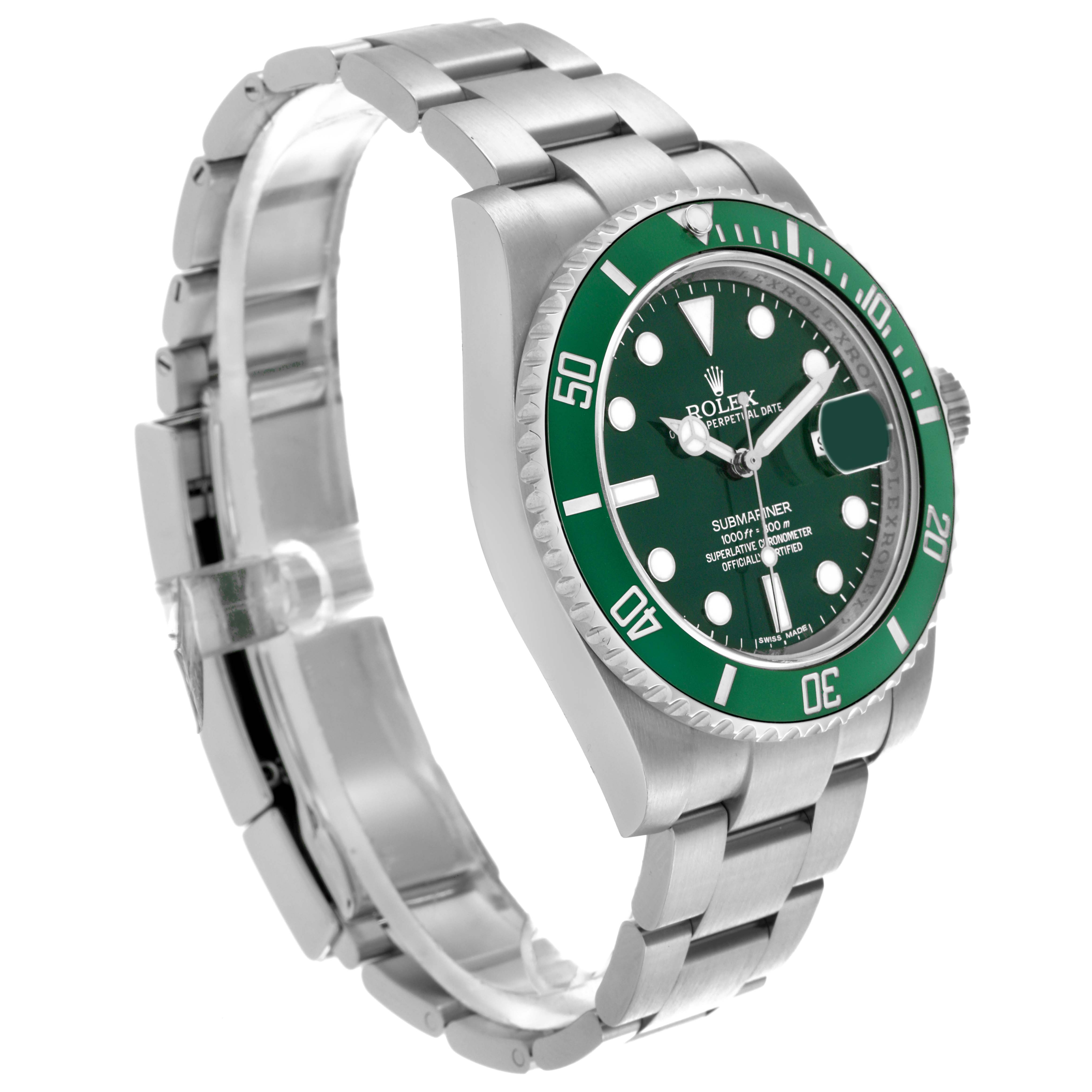 The Rolex Submariner 116610LV Men
s Stainless Steel Green Dial 116610LV Men
s Stainless Steel Green Dial watch is shown at a tilted angle, displaying the face, bezel, crown, and metal bracelet.