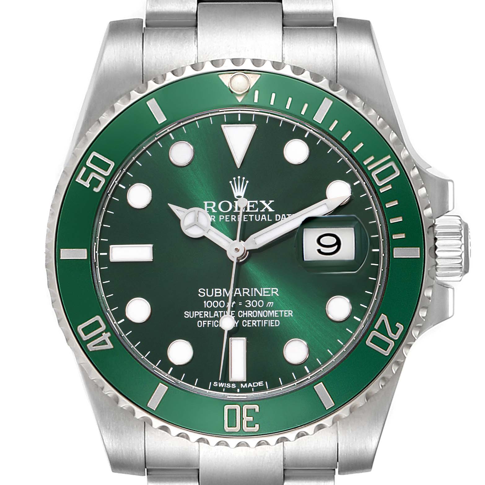 The Rolex Submariner 116610LV Men
s Stainless Steel Green Dial 116610LV Men
s Stainless Steel Green Dial watch is shown from a top-down angle, highlighting the green dial, bezel, and date window.