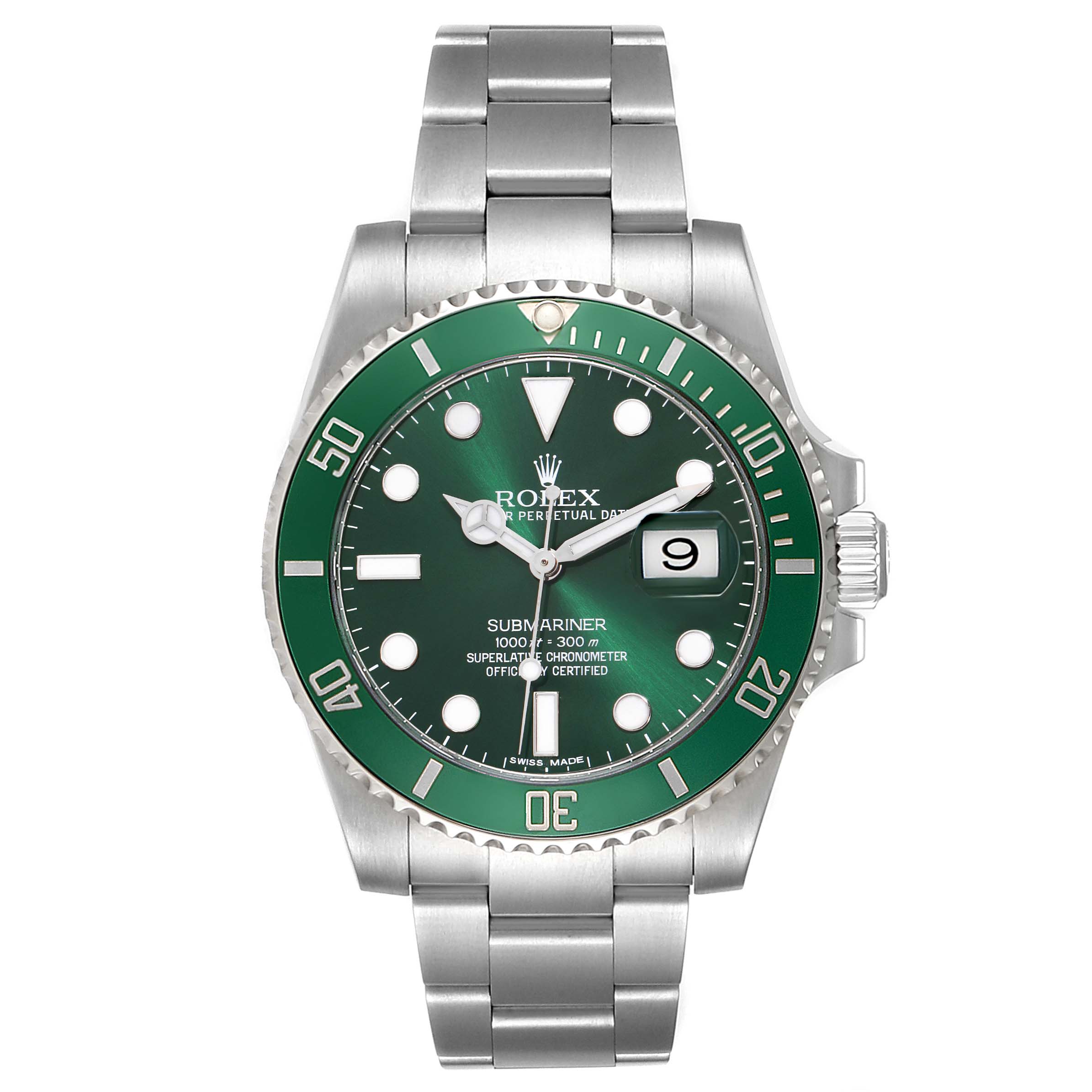 The Rolex Submariner 116610LV Men
s Stainless Steel Green Dial 116610LV Men
s Stainless Steel Green Dial watch is shown from a top-down angle, highlighting its green bezel, dial, and stainless steel bracelet.