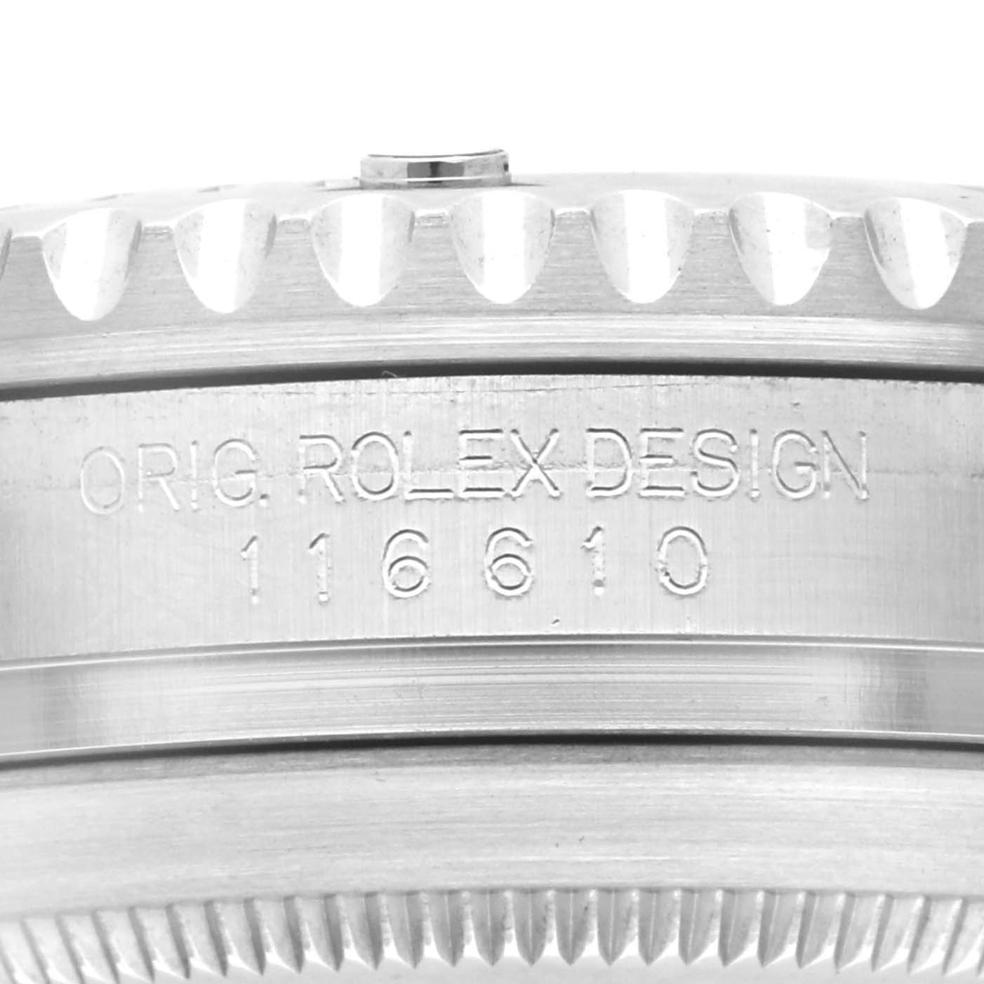 The image shows a close-up of the side of a Rolex Submariner 116610LV Men
s Stainless Steel Green Dial 116610LV Men
s Stainless Steel Green Dial, highlighting the model number and design engraving.