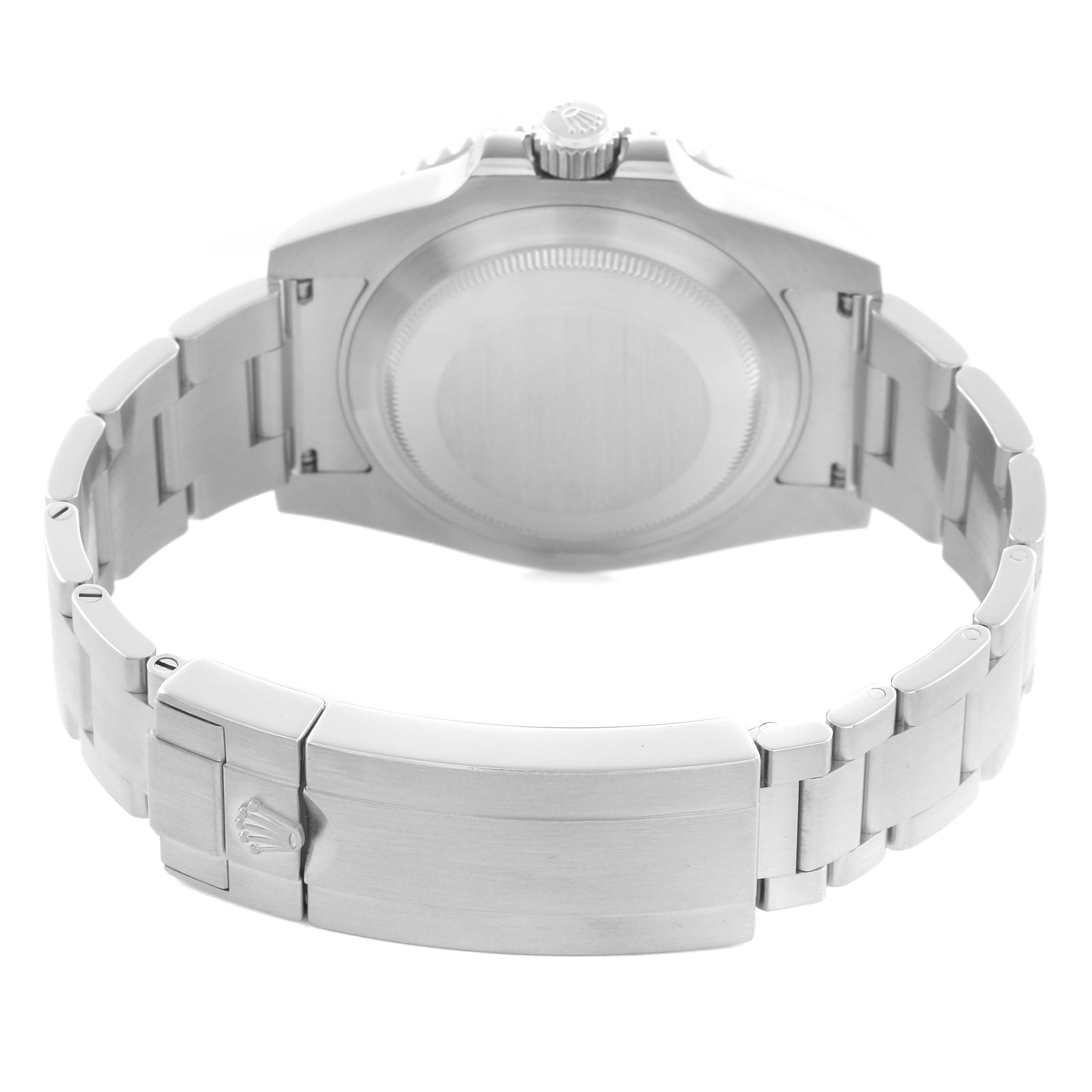 The image shows the back of a Rolex Submariner 116610LV Men
s Stainless Steel Green Dial 116610LV Men
s Stainless Steel Green Dial, highlighting the case back, crown, and bracelet clasp.