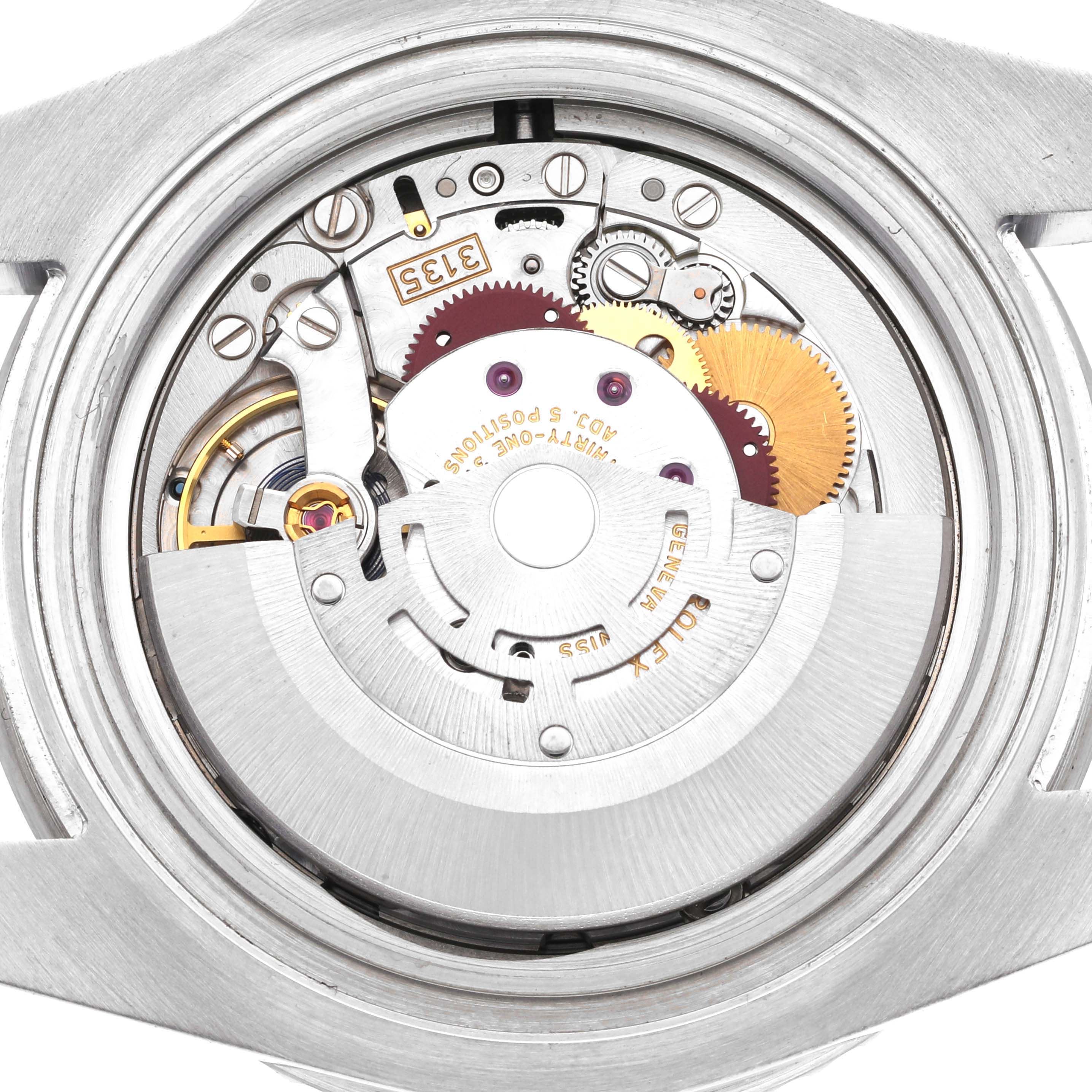 The image shows the internal movement of a Rolex Submariner 116610LV Men
s Stainless Steel Green Dial 116610LV Men
s Stainless Steel Green Dial watch, viewed from the back, highlighting gears and mechanical components.