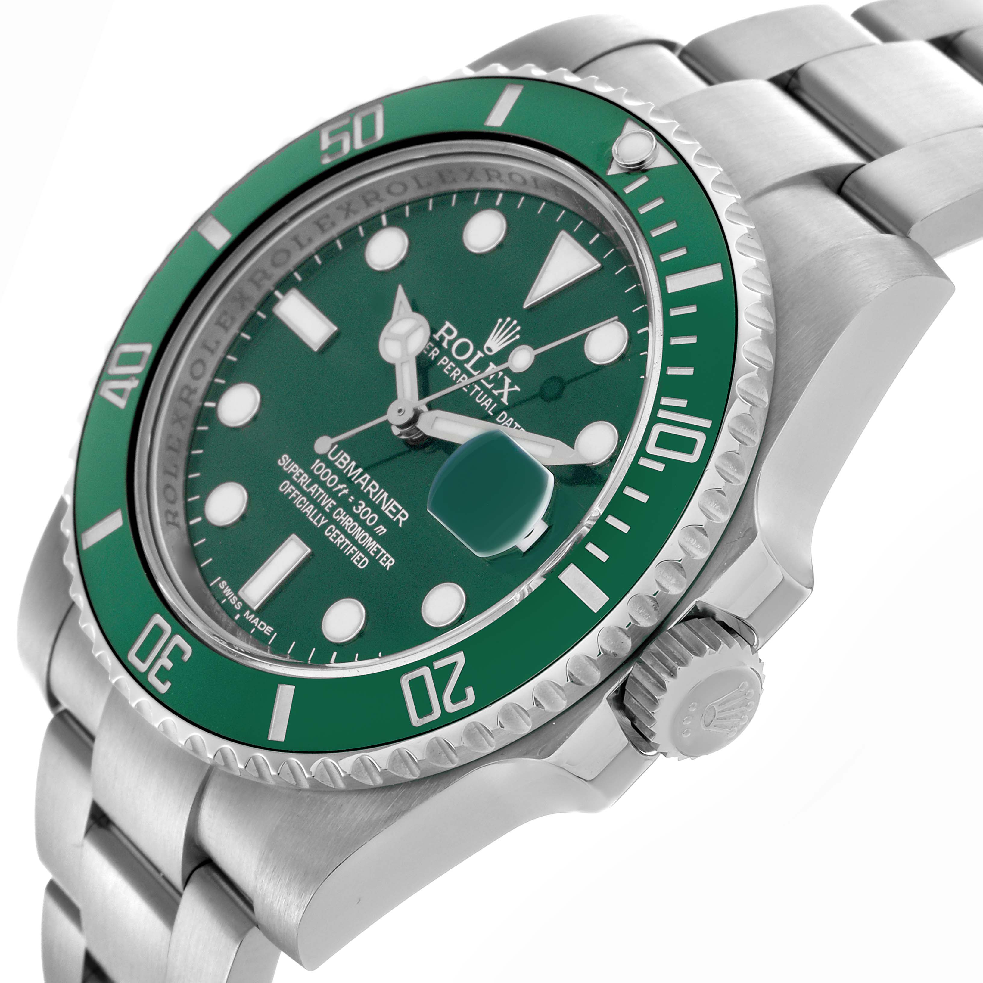 The image shows a Rolex Submariner 116610LV Men
s Stainless Steel Green Dial 116610LV Men
s Stainless Steel Green Dial at an angled side view, highlighting the bezel, dial, crown, and part of the bracelet.