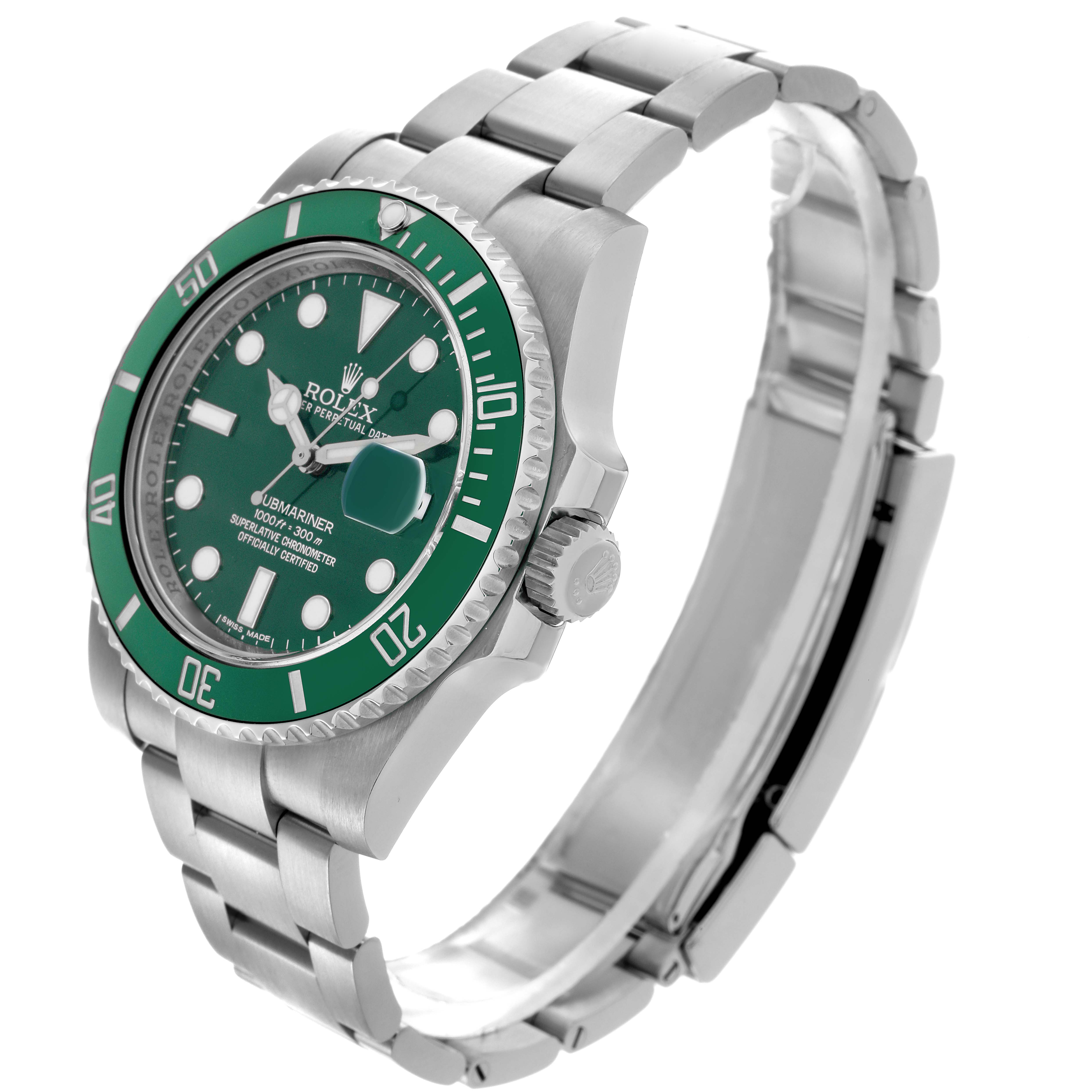 The Rolex Submariner 116610LV Men
s Stainless Steel Green Dial 116610LV Men
s Stainless Steel Green Dial is shown from an angled side view, highlighting the watch face, bezel, and bracelet.