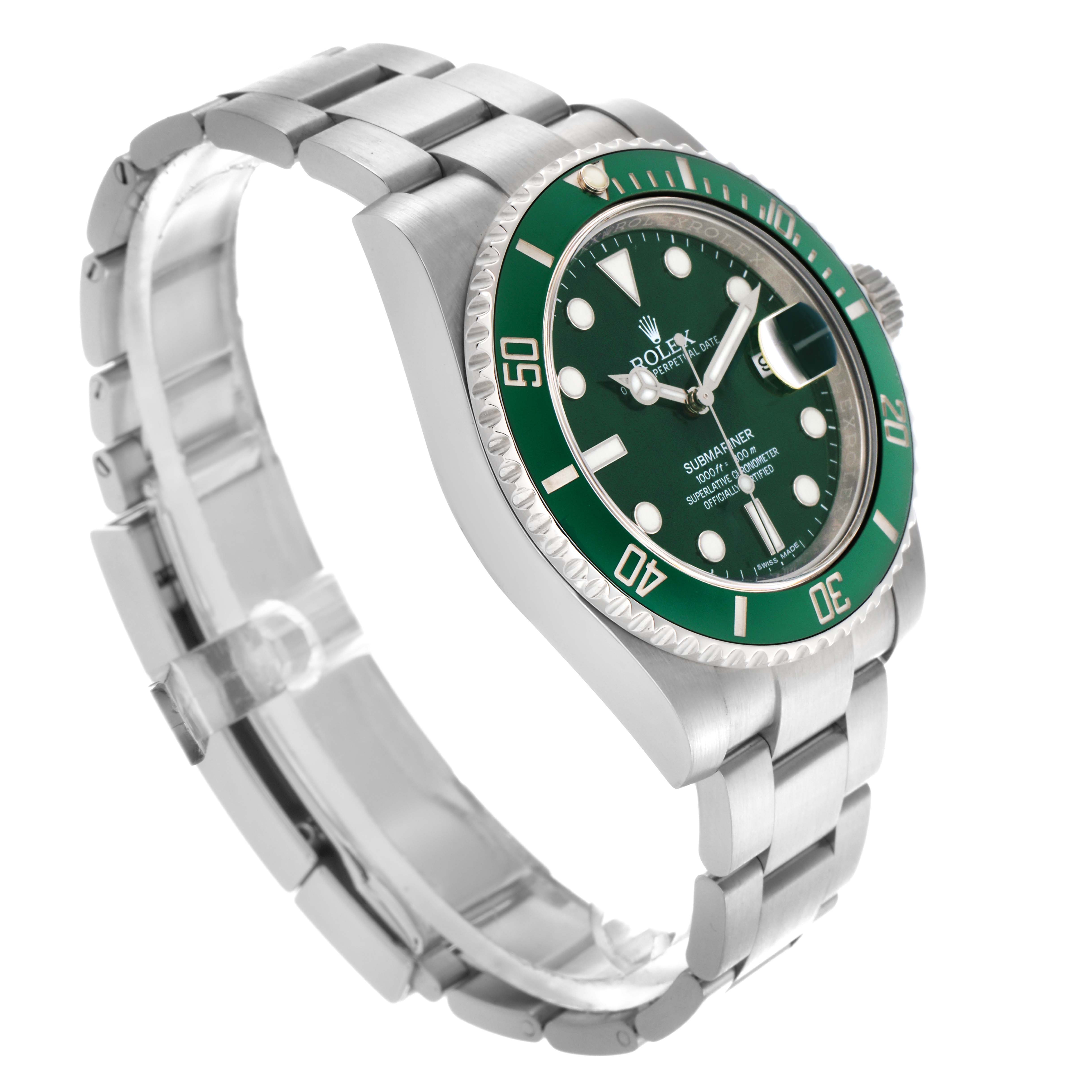 The Rolex Submariner 116610LV Men
s Stainless Steel Green Dial 116610LV Men
s Stainless Steel Green Dial watch is shown at a three-quarter angle, highlighting the green bezel, dial, and stainless steel bracelet.