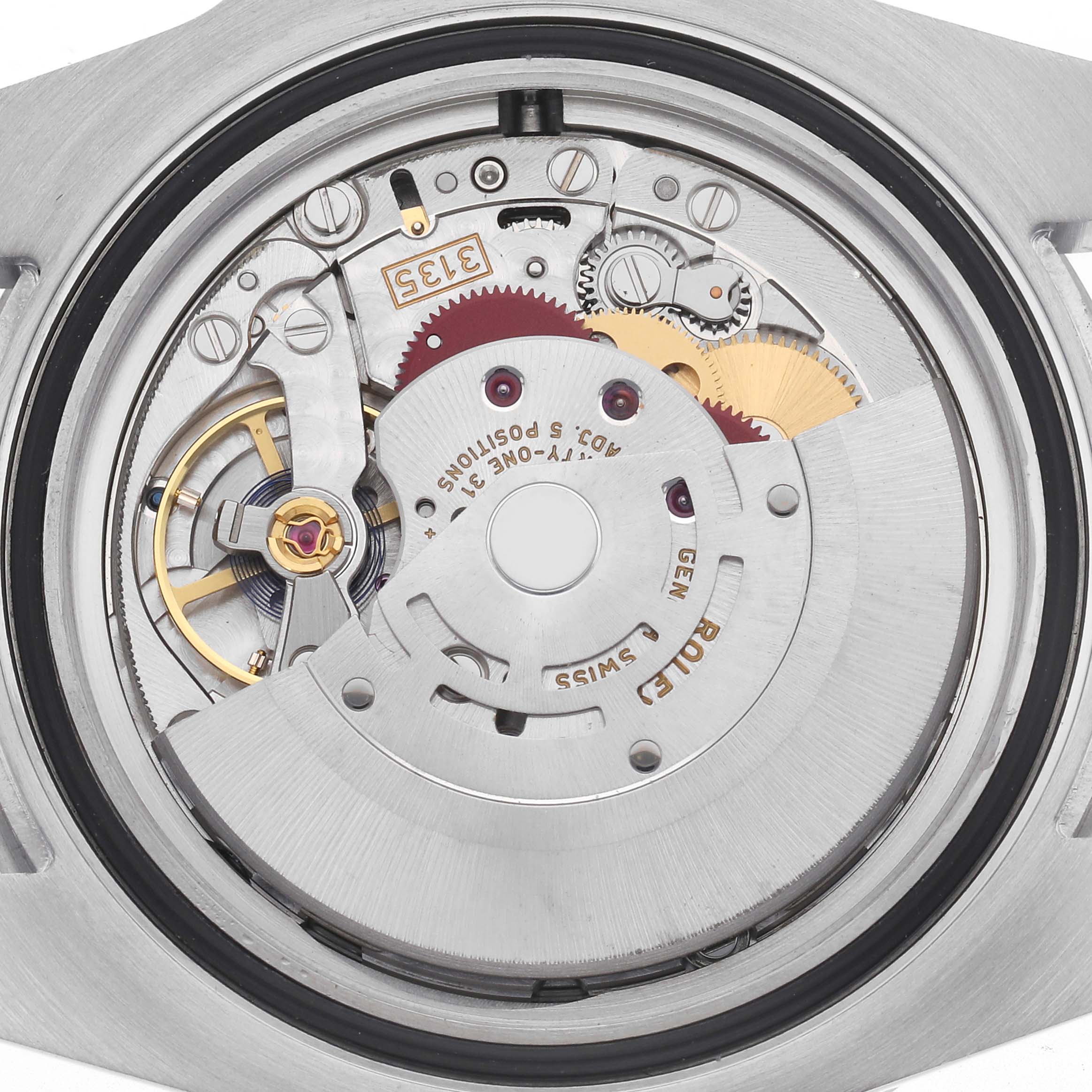 The image shows the back view of a Rolex Submariner 116610LV Men
s Stainless Steel Green Dial 116610LV Men
s Stainless Steel Green Dial, highlighting its intricate internal movement and components.