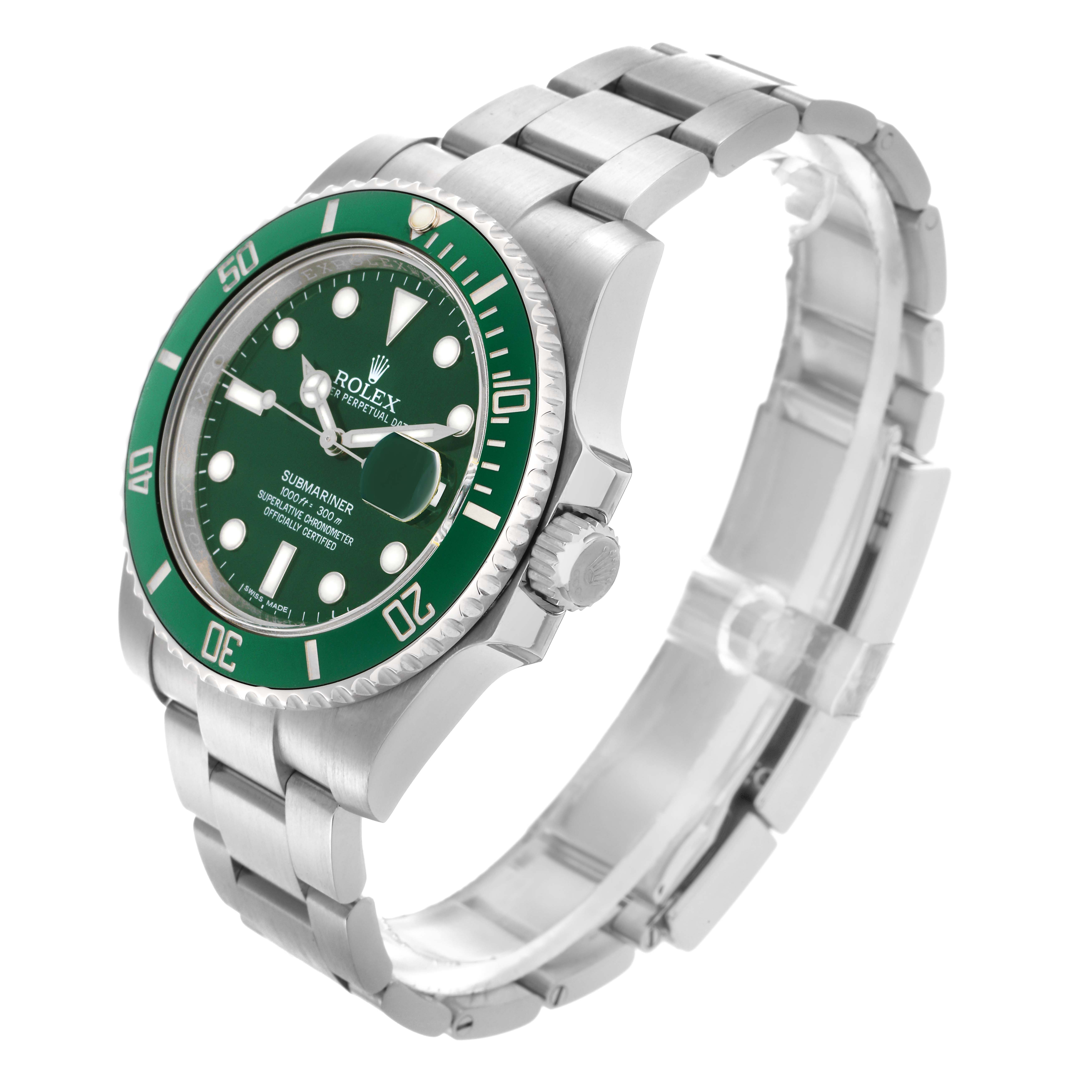 The Rolex Submariner 116610LV Men
s Stainless Steel Green Dial 116610LV Men
s Stainless Steel Green Dial watch is shown at a three-quarter angle, highlighting the face, bezel, case, and bracelet.