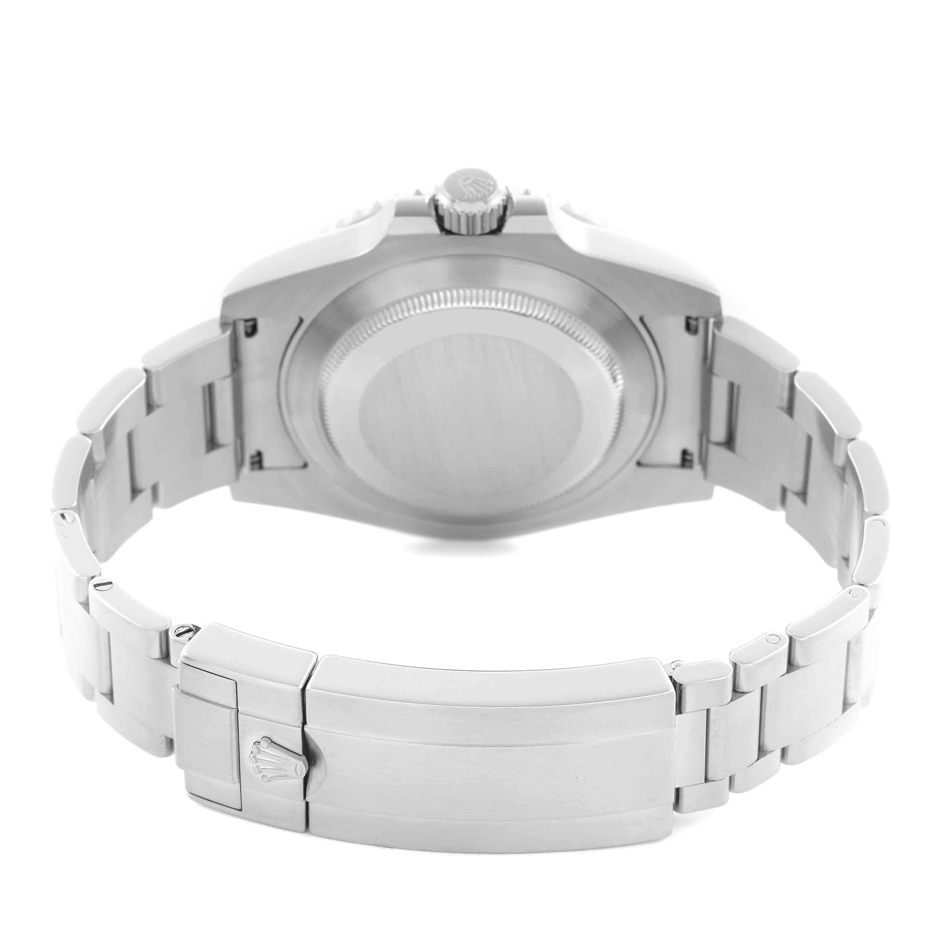 The image shows the back of the Rolex Submariner 116610LV Men
s Stainless Steel Green Dial 116610LV Men
s Stainless Steel Green Dial watch, highlighting the case back and bracelet clasp.