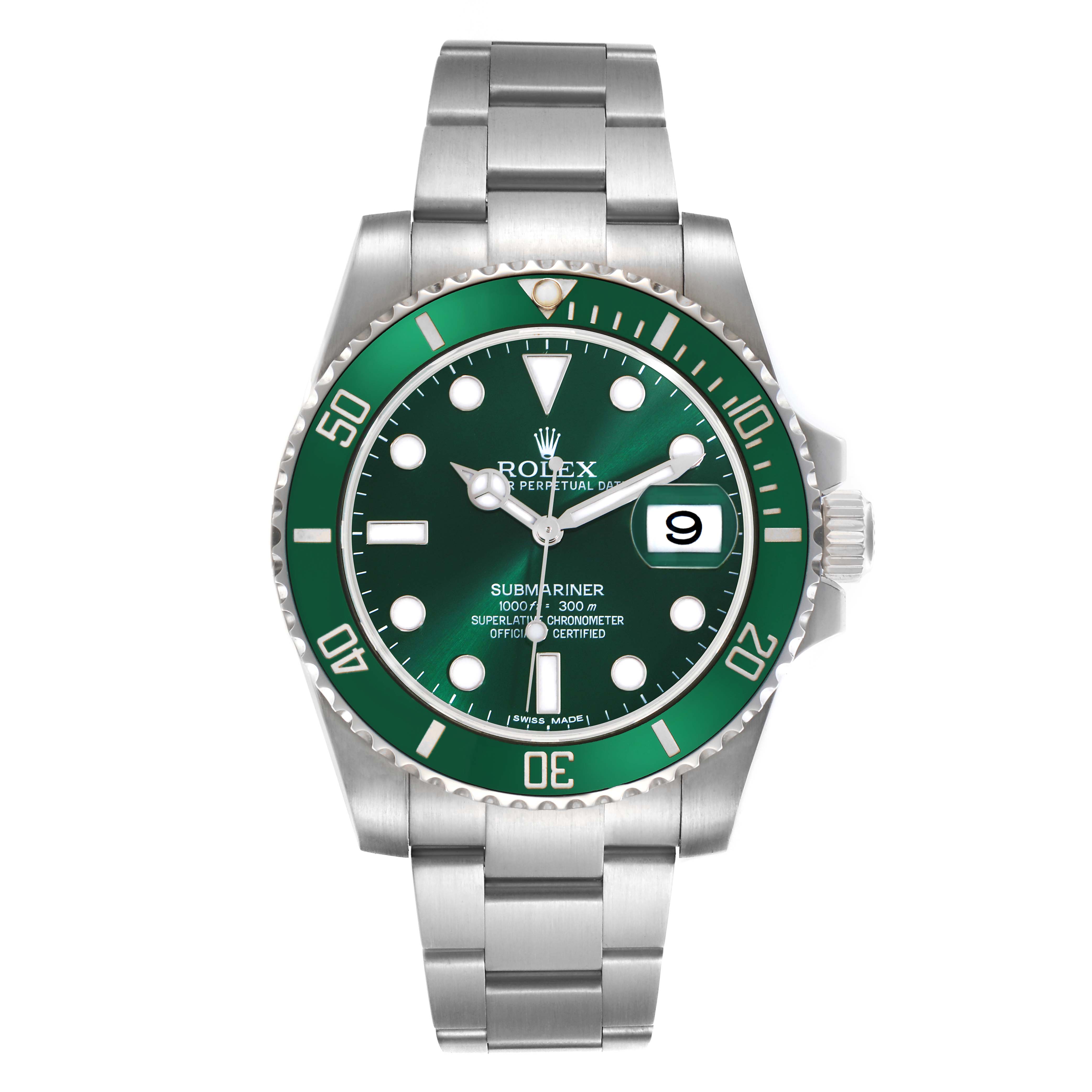 The Rolex Submariner 116610LV Men
s Stainless Steel Green Dial 116610LV Men
s Stainless Steel Green Dial watch is shown from a front angle, displaying the green dial, bezel, and bracelet clearly.