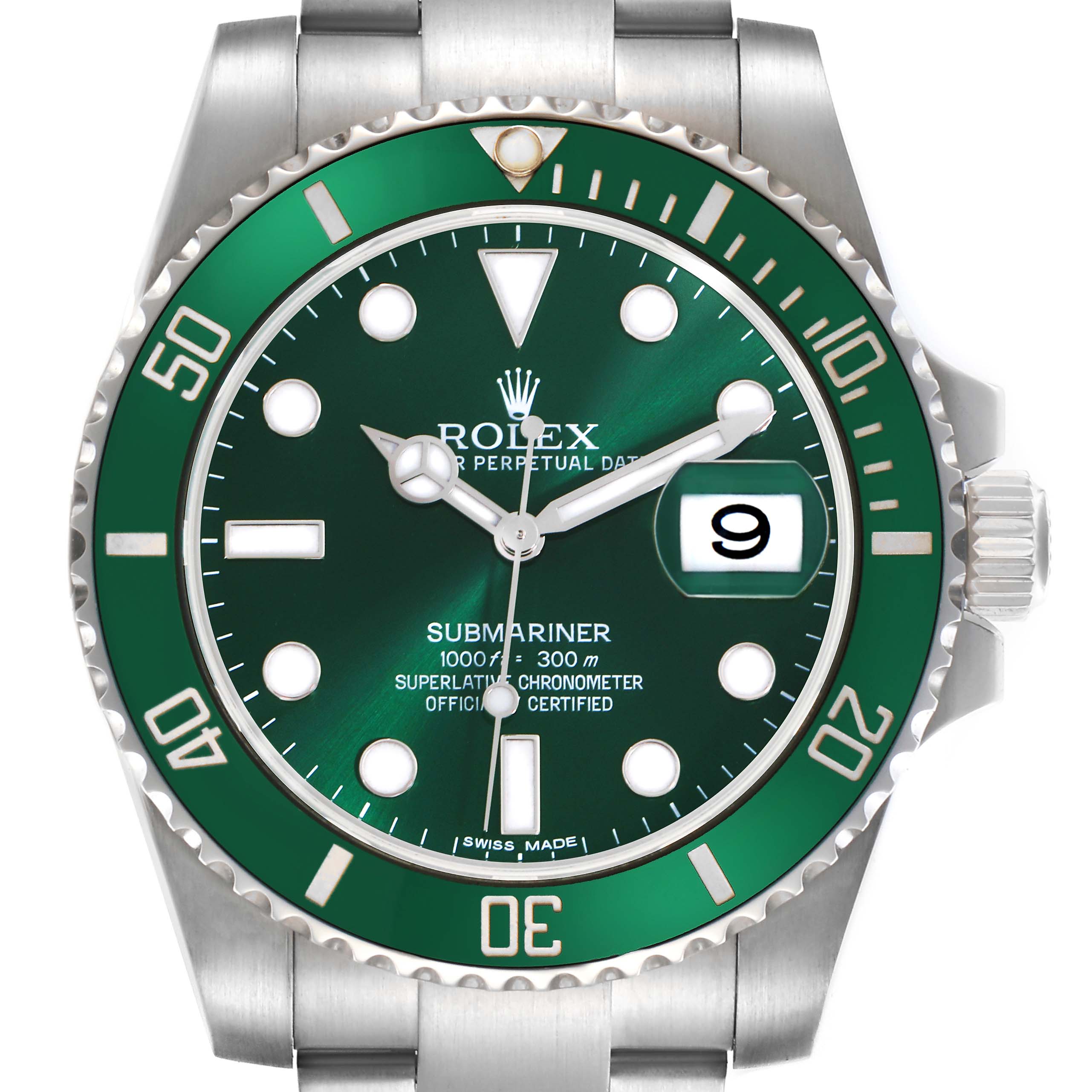The Rolex Submariner 116610LV Men
s Stainless Steel Green Dial 116610LV Men
s Stainless Steel Green Dial watch is shown from the front, highlighting the green bezel, dial, and date function.