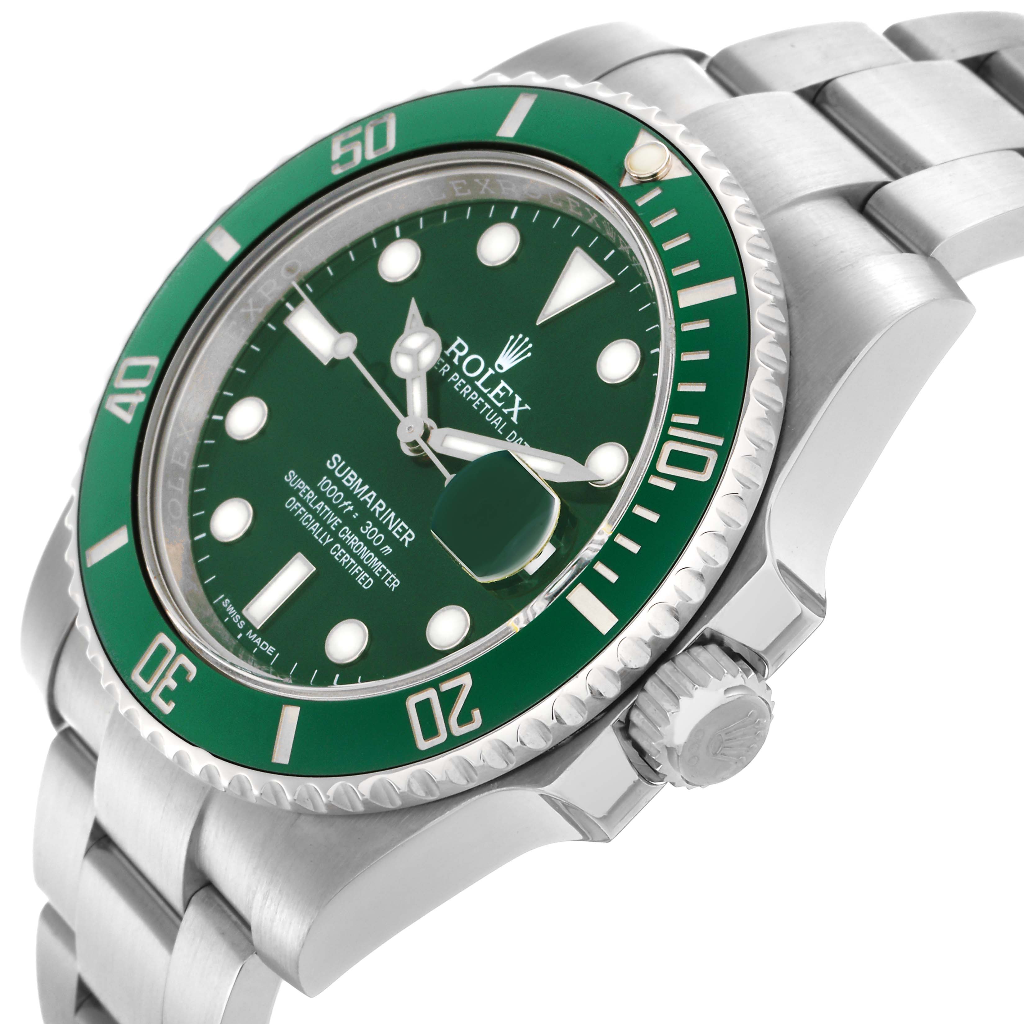 The Rolex Submariner 116610LV Men
s Stainless Steel Green Dial 116610LV Men
s Stainless Steel Green Dial is shown at an angle highlighting its green bezel, dial, crown, and part of the bracelet.