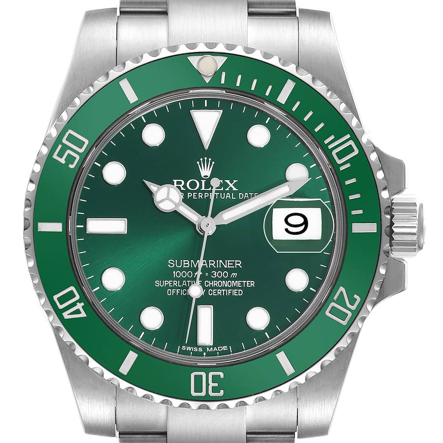 The Rolex Submariner watch is shown from the front, displaying the dial, bezel, and part of the bracelet.
