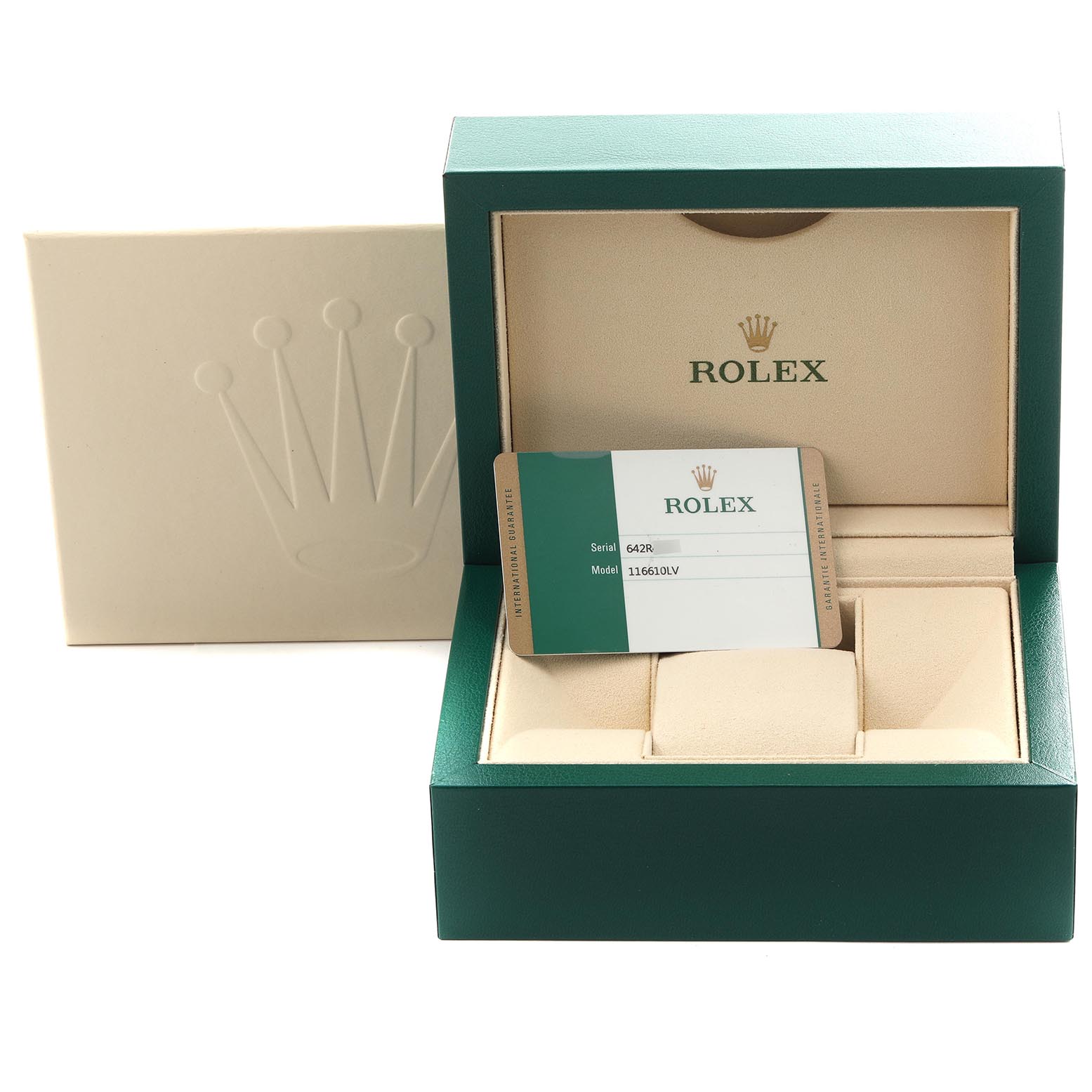 The image shows an open Rolex Submariner 116610LV Men
s Stainless Steel Green Dial 116610LV Men
s Stainless Steel Green Dial watch box with an Best Quality
ity card inside, viewed from the front.