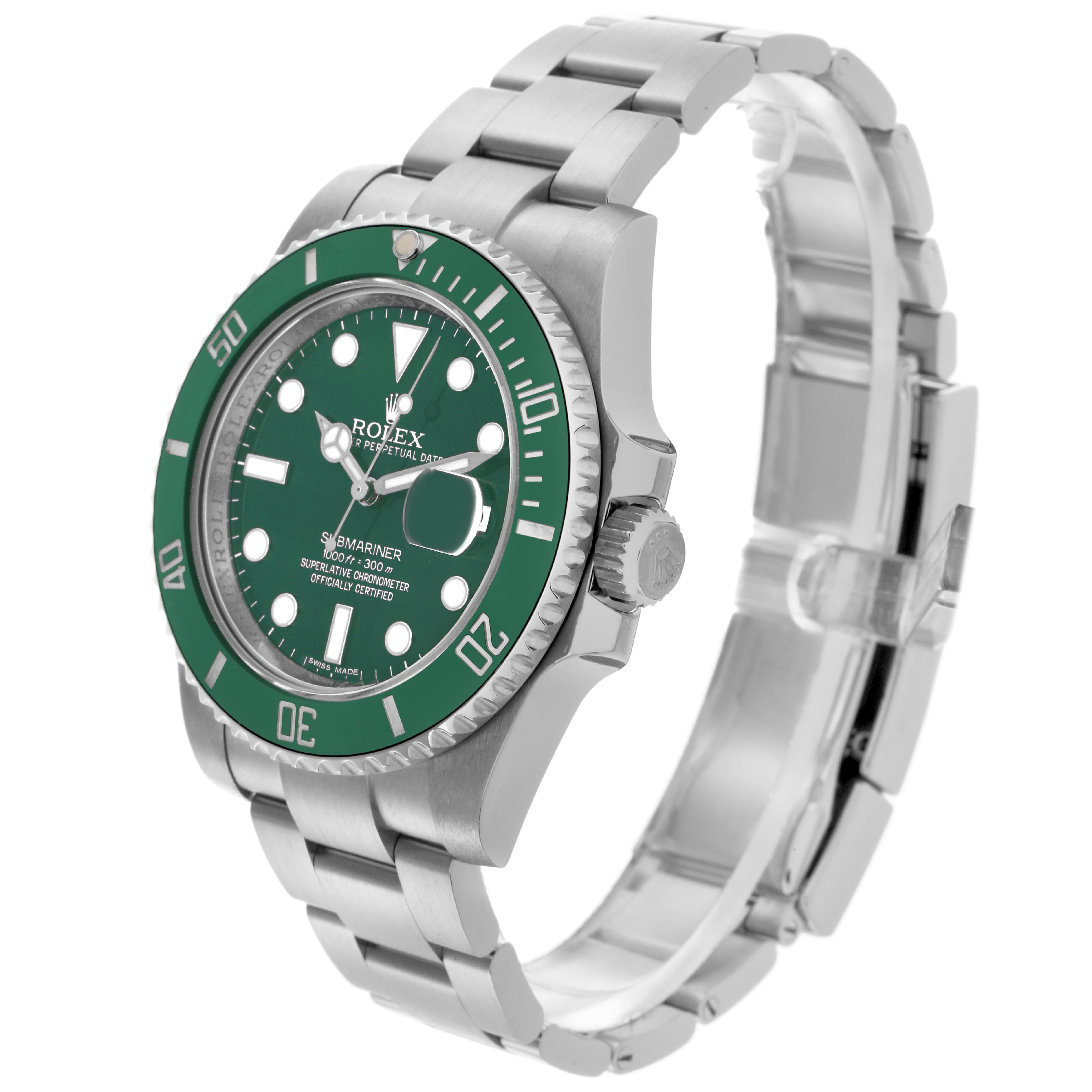 The Rolex Submariner 116610LV Men
s Stainless Steel Green Dial 116610LV Men
s Stainless Steel Green Dial watch is shown at a three-quarter angle, highlighting the green bezel, dial, case, and bracelet.