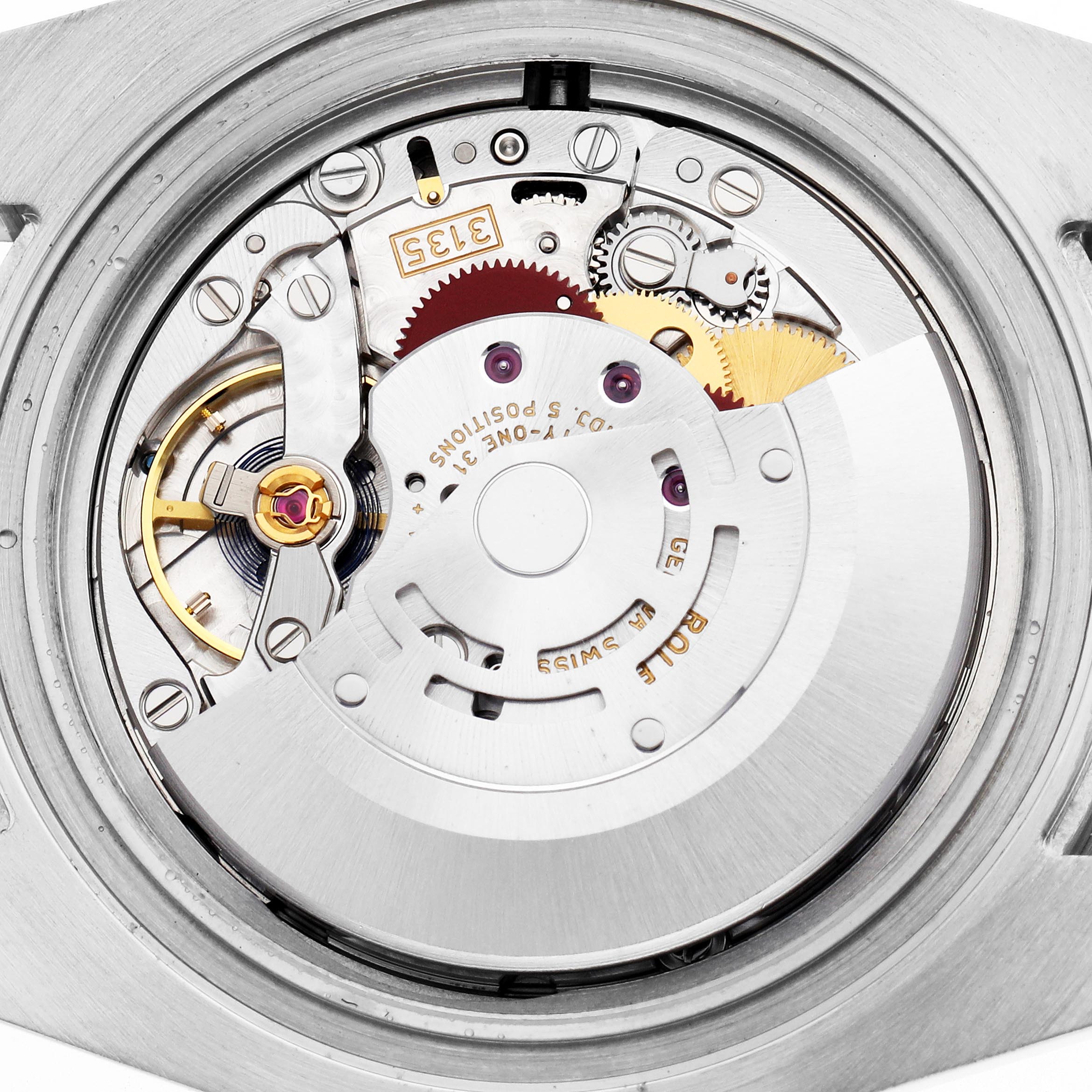 The image shows the movement mechanism of a Rolex Submariner 116610LV Men
s Stainless Steel Green Dial 116610LV Men
s Stainless Steel Green Dial, viewed from the back, highlighting gears and components.