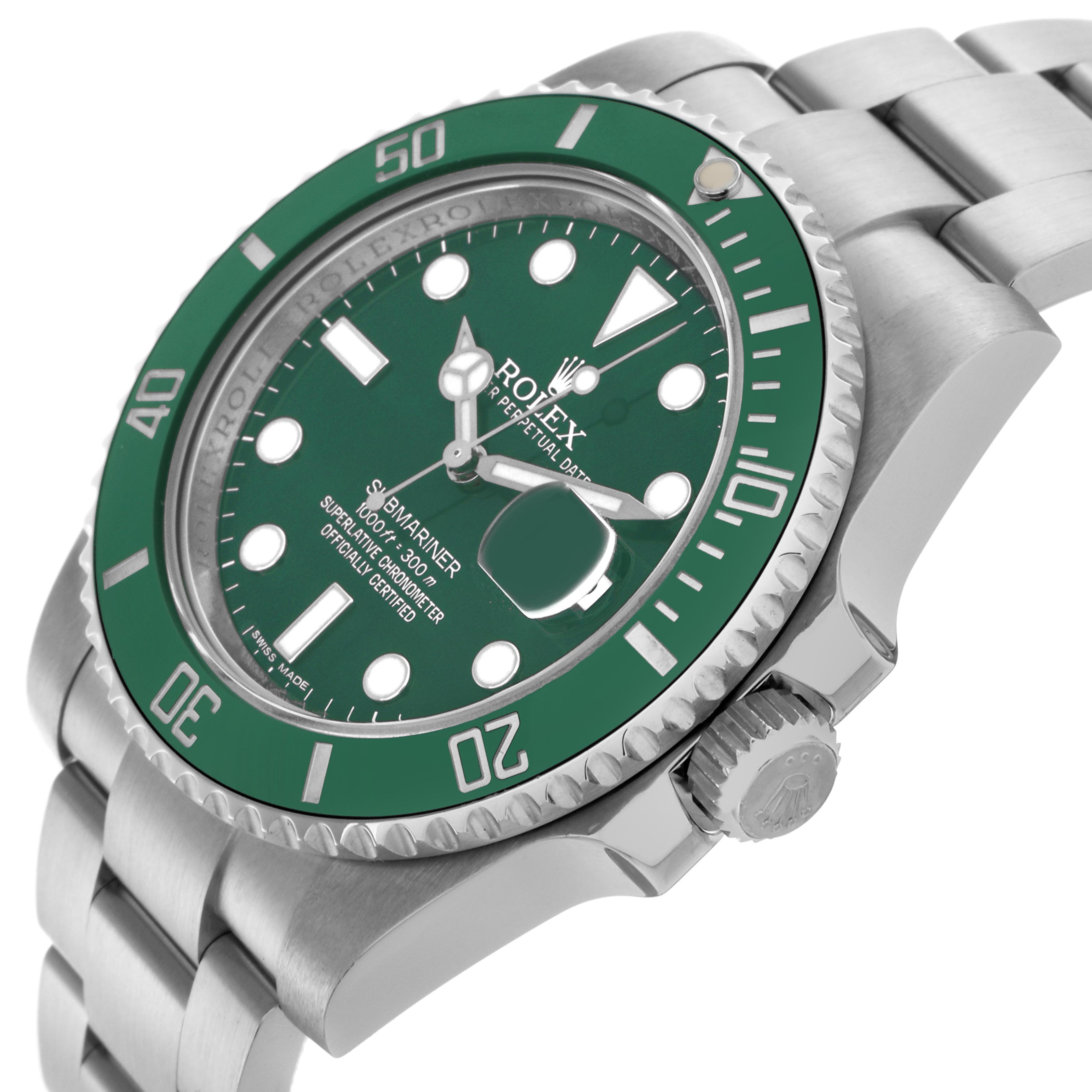 The Rolex Submariner 116610LV Men
s Stainless Steel Green Dial 116610LV Men
s Stainless Steel Green Dial is shown at a side angle, highlighting the green dial, bezel, crown, and part of the stainless steel bracelet.