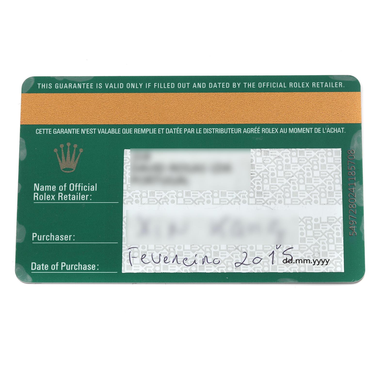 The image shows a warranty card for a Rolex Submariner 116610LV Men
s Stainless Steel Green Dial 116610LV Men
s Stainless Steel Green Dial, with text fields and branding visible.