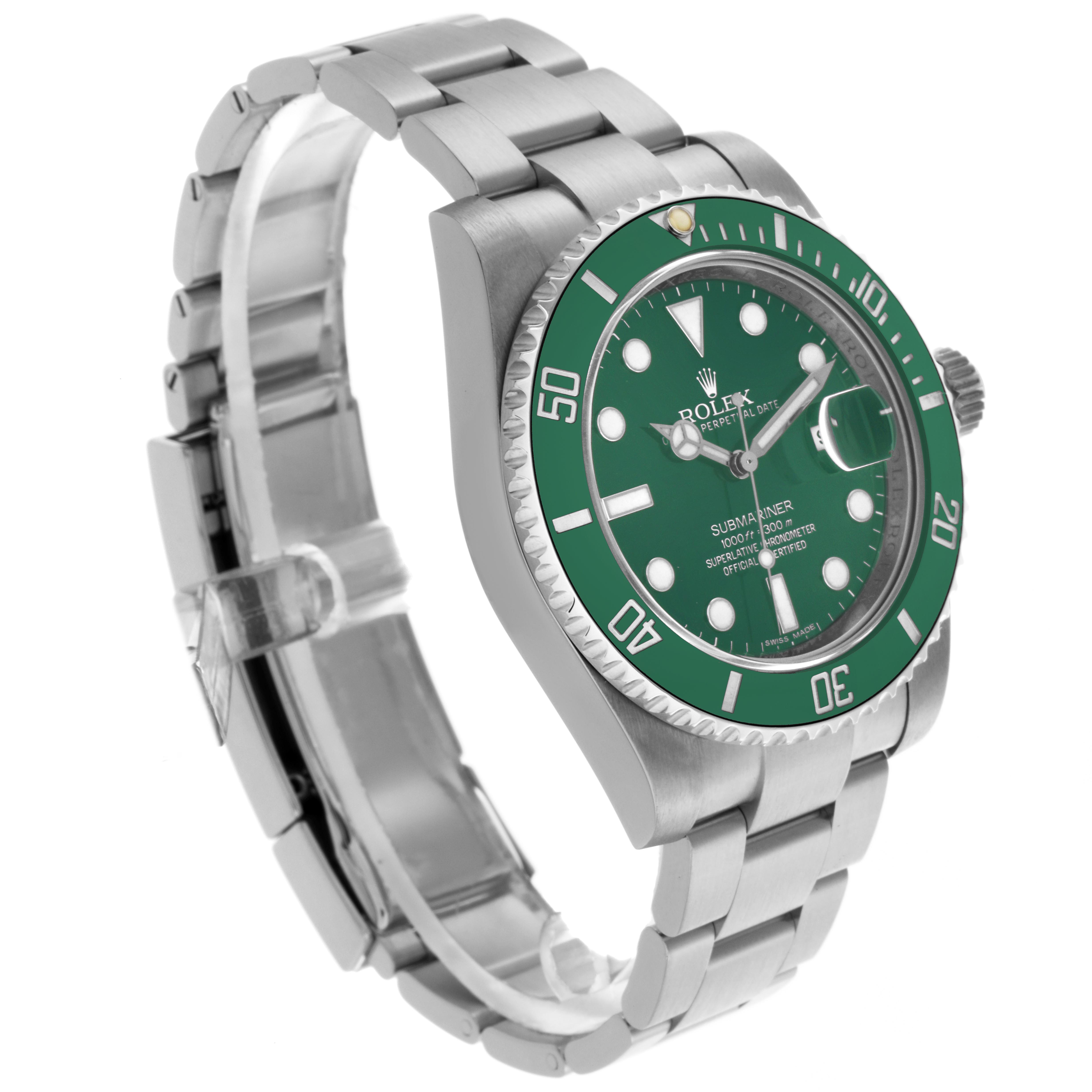 The Rolex Submariner 116610LV Men
s Stainless Steel Green Dial 116610LV Men
s Stainless Steel Green Dial watch is shown at a slight side angle, displaying the green bezel, dial, and part of the bracelet.
