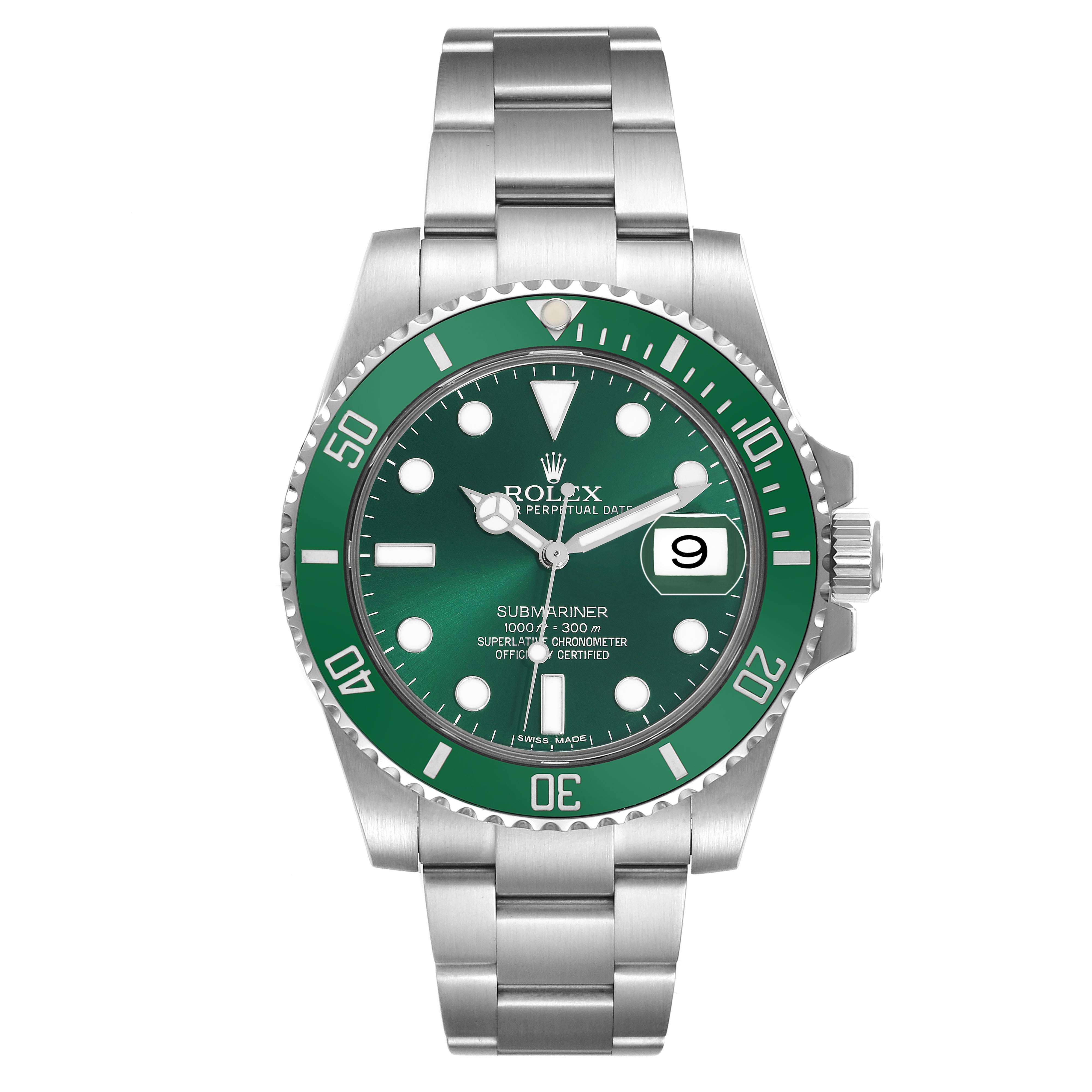 The Rolex Submariner 116610LV Men
s Stainless Steel Green Dial 116610LV Men
s Stainless Steel Green Dial watch is shown from a front angle, displaying the green dial, bezel, and metal bracelet.