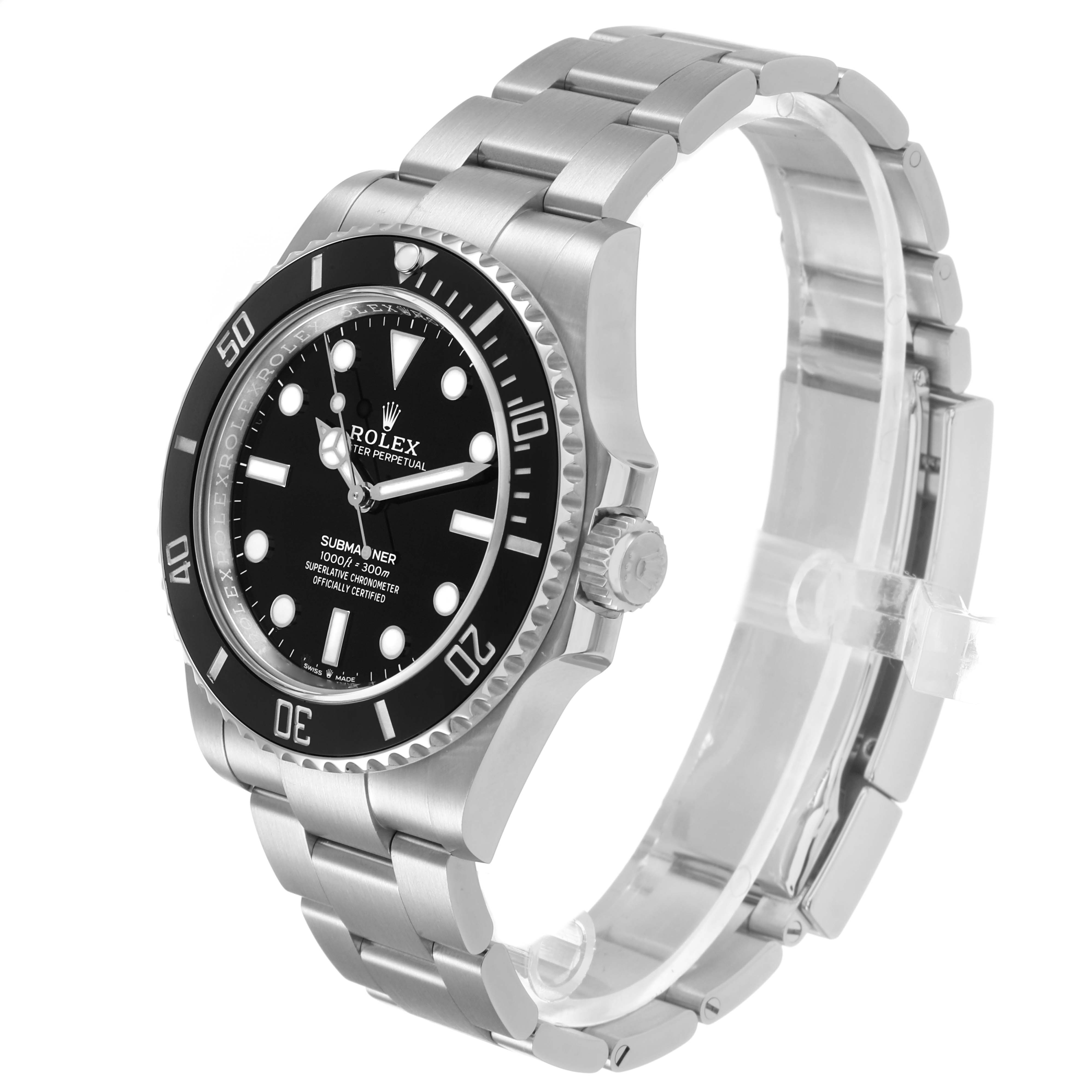 The image shows a side angle of the Rolex Submariner M124060-0001 Men's Stainless Steel Black Dial, highlighting the face, bezel, and stainless steel bracelet.