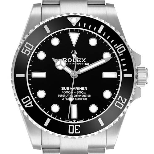 The Rolex Submariner M124060-0001 Men's Stainless Steel Black Dial watch is shown from the front, highlighting its black dial, bezel, and stainless steel bracelet.