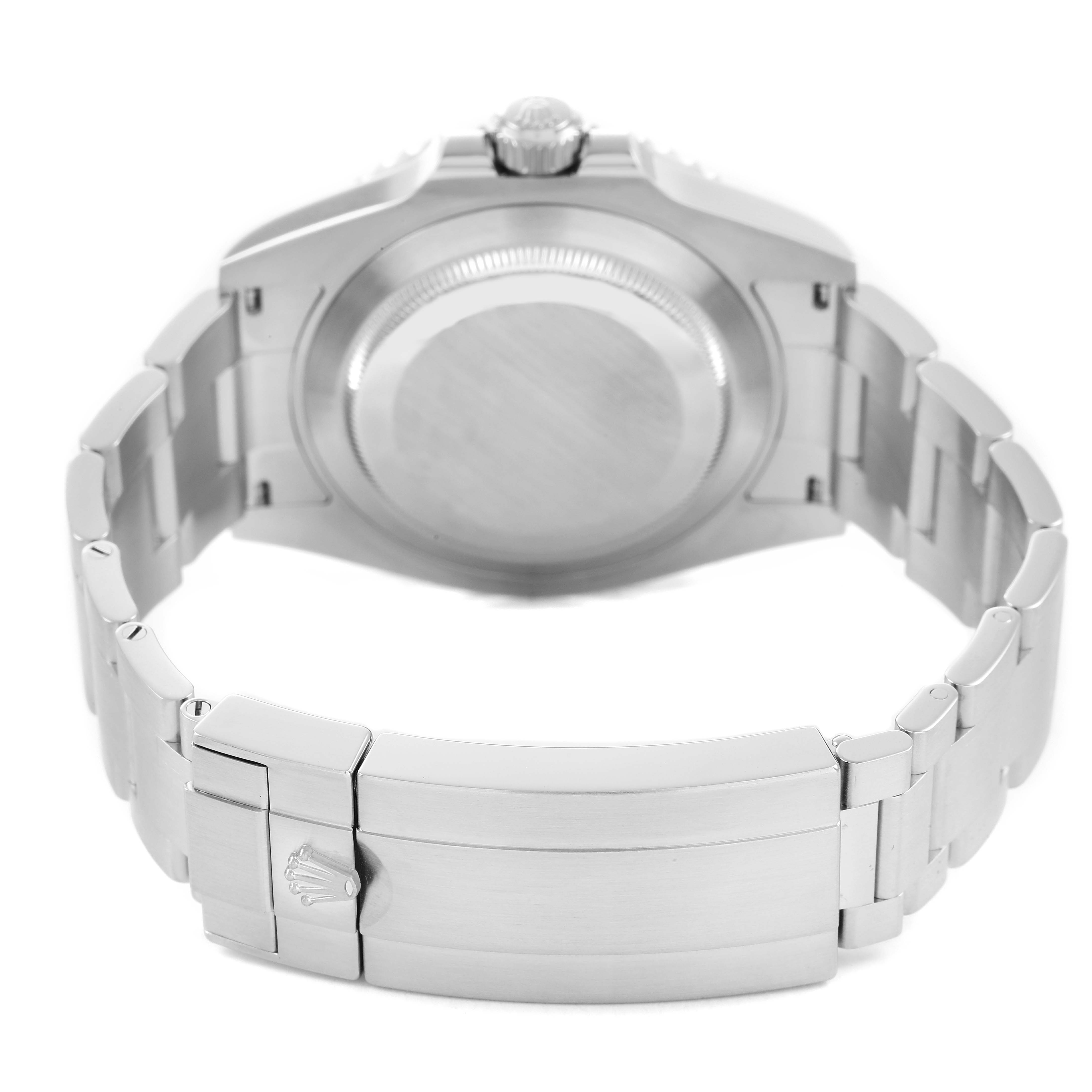 The image shows the back and clasp of a Rolex Submariner M124060-0001 Men's Stainless Steel Black Dial watch, focusing on the case back and bracelet.