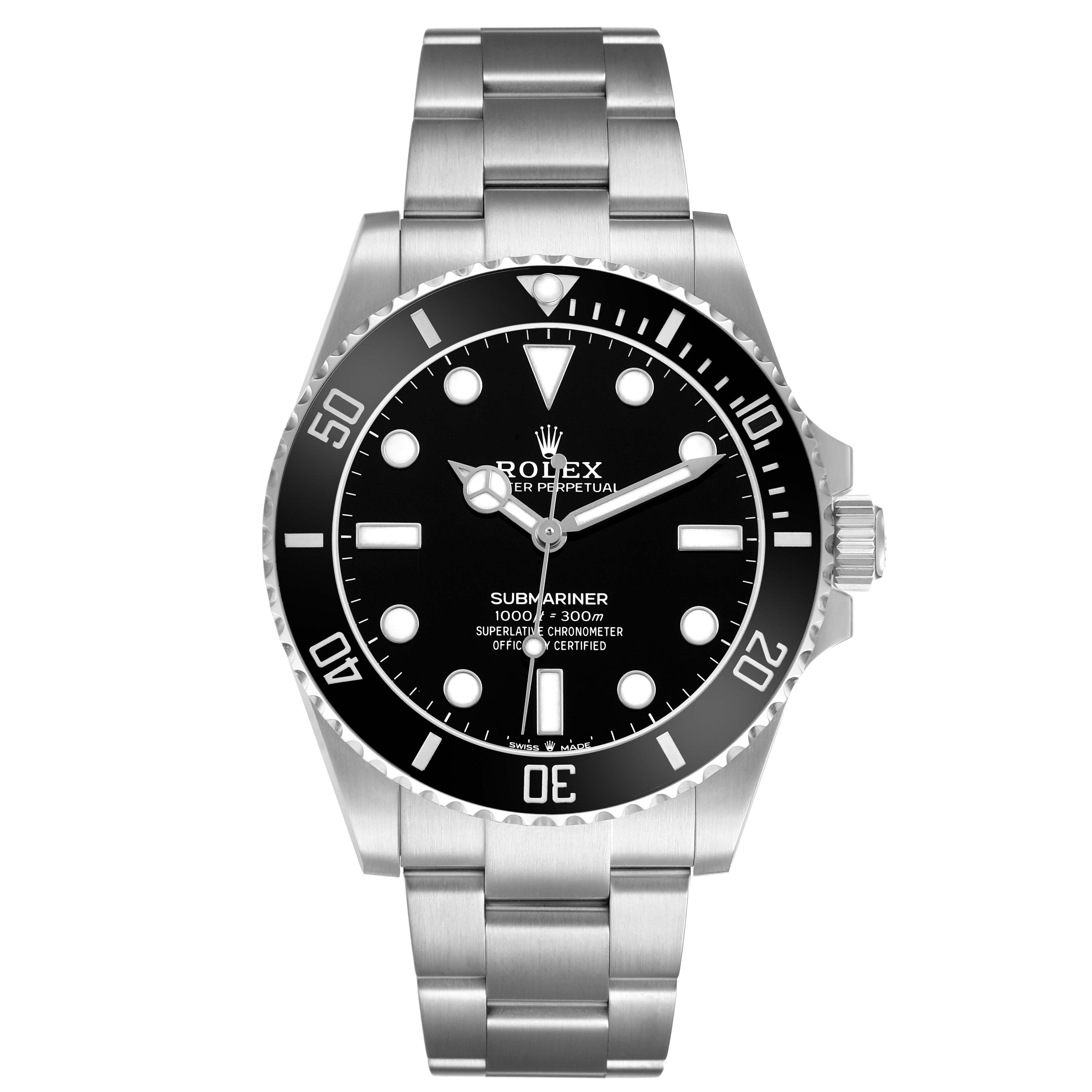 The Rolex Submariner M124060-0001 Men's Stainless Steel Black Dial is shown from the front, displaying its dial, bezel, and bracelet.