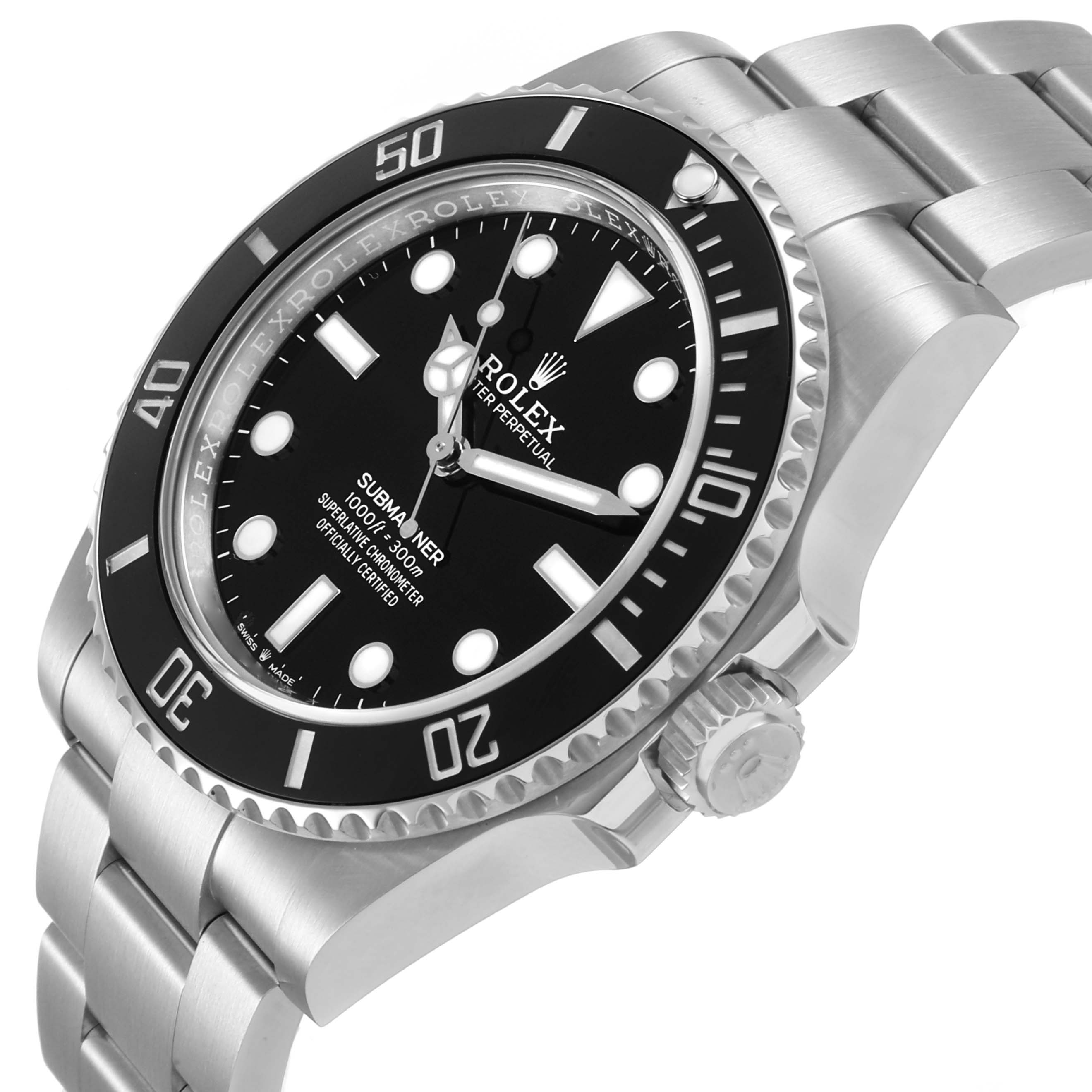 The Rolex Submariner M124060-0001 Men's Stainless Steel Black Dial watch is shown from a three-quarter angle, highlighting the bezel, crown, and part of the bracelet.