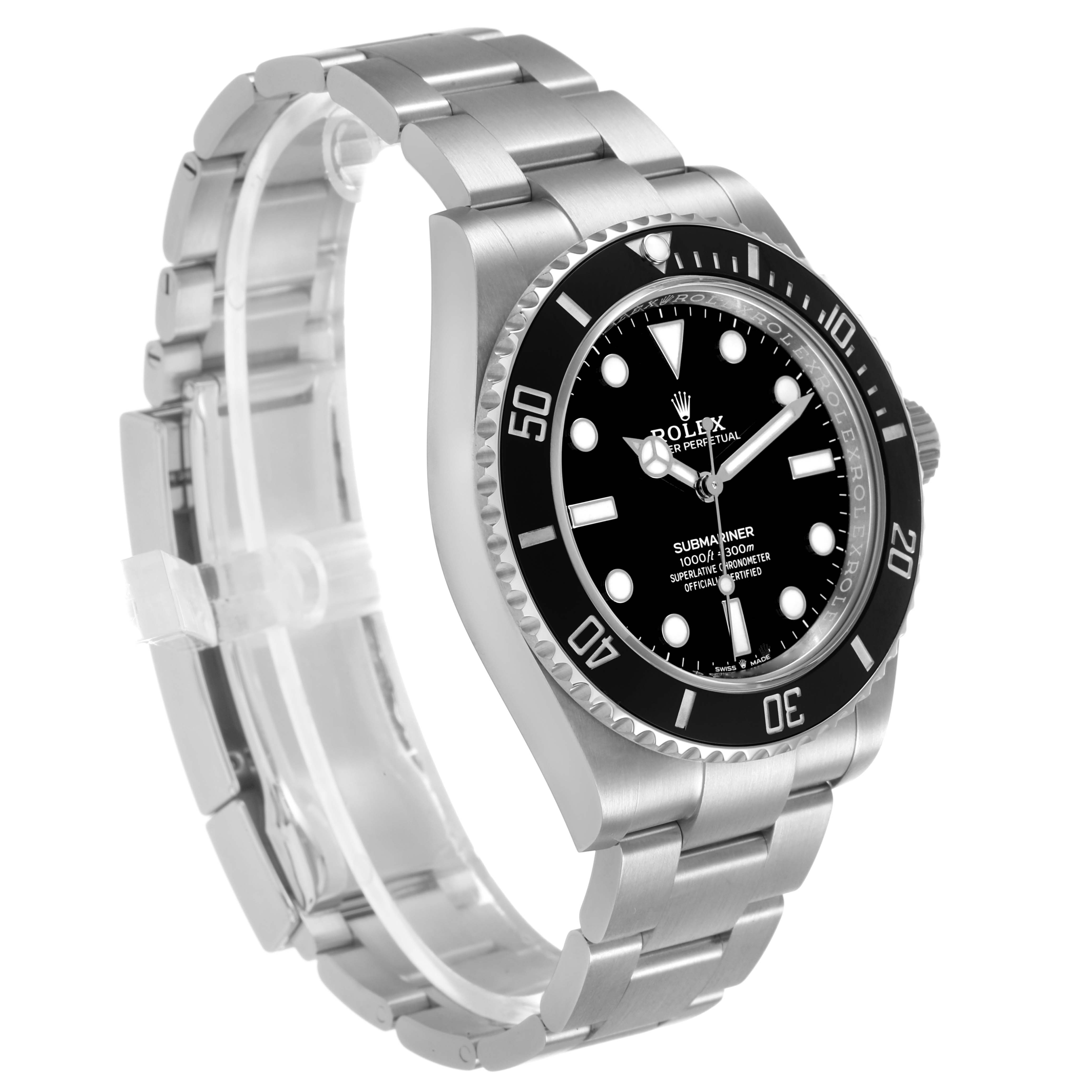 The image shows a Rolex Submariner M124060-0001 Men's Stainless Steel Black Dial watch at a three-quarter angle, with a focus on the dial, bezel, and bracelet.