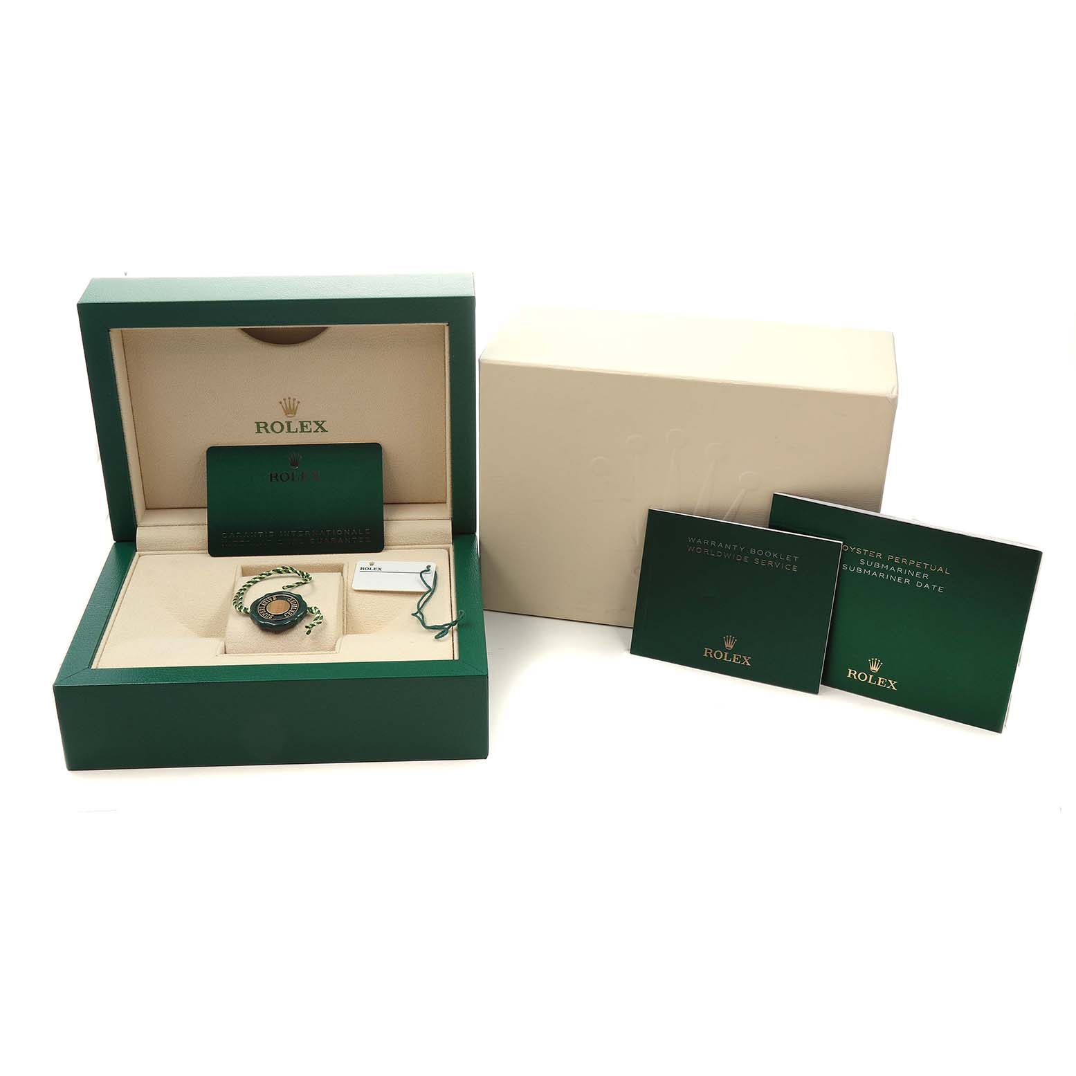 The image shows the Rolex Submariner M124060-0001 Men's Stainless Steel Black Dial watch in its open box, with certificates and a green outer box displayed.