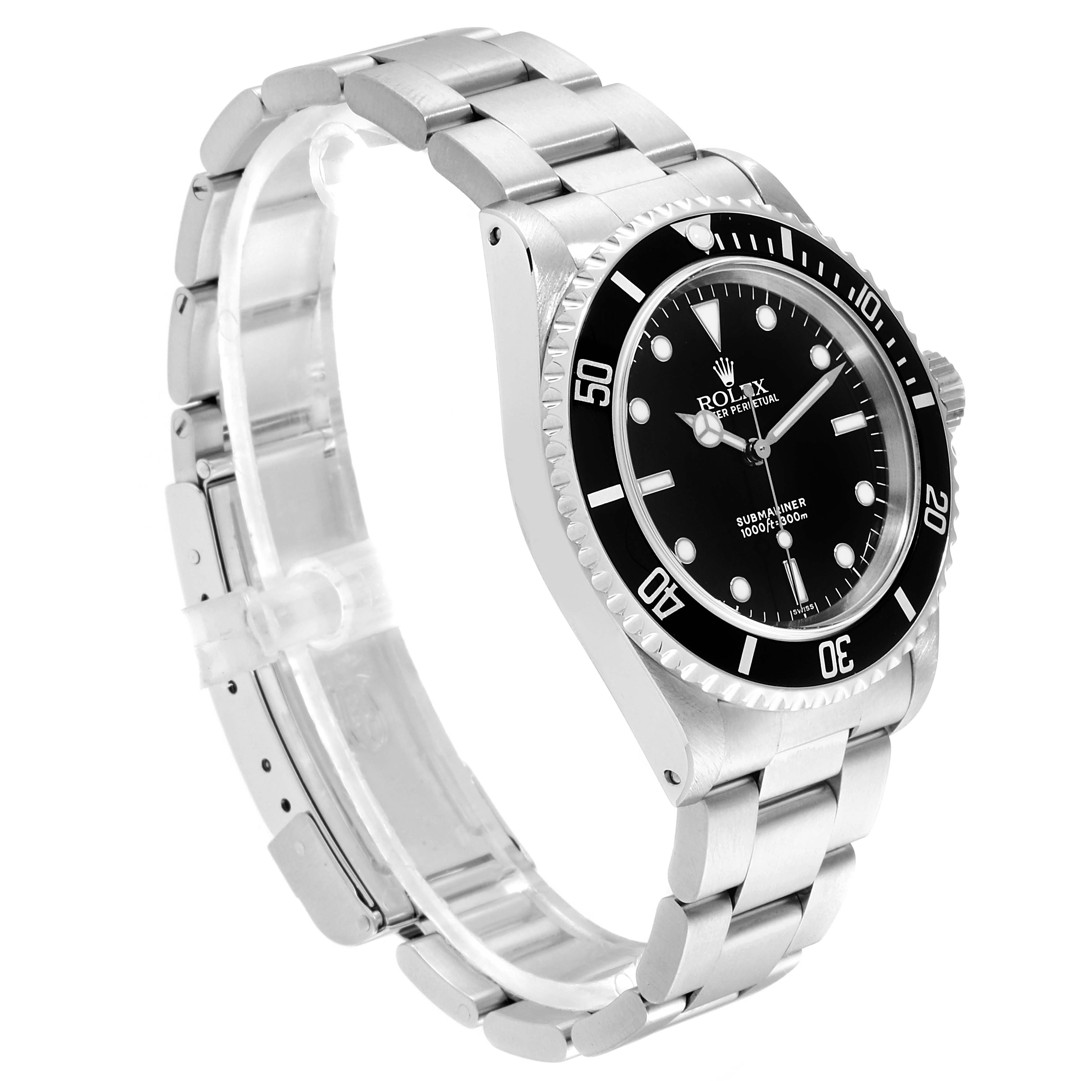 The image shows a Rolex Submariner 14060 Men
s Stainless Steel Black Dial 14060 Men
s Stainless Steel Black Dial watch at a three-quarter angle, highlighting its bracelet, bezel, and dial.