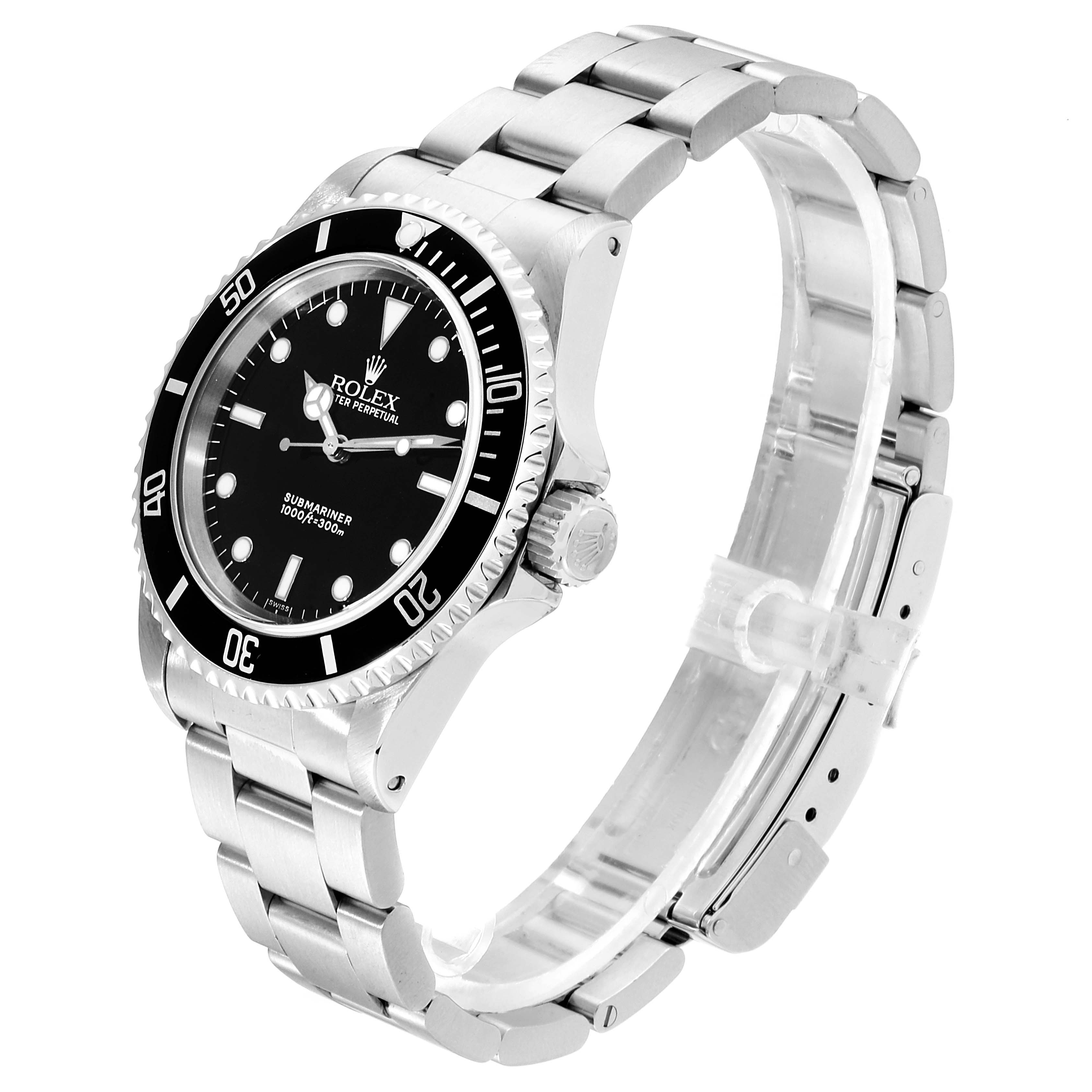The image shows the Rolex Submariner 14060 Men
s Stainless Steel Black Dial 14060 Men
s Stainless Steel Black Dial from a 3/4 angle, highlighting the bezel, dial, crown, and bracelet.