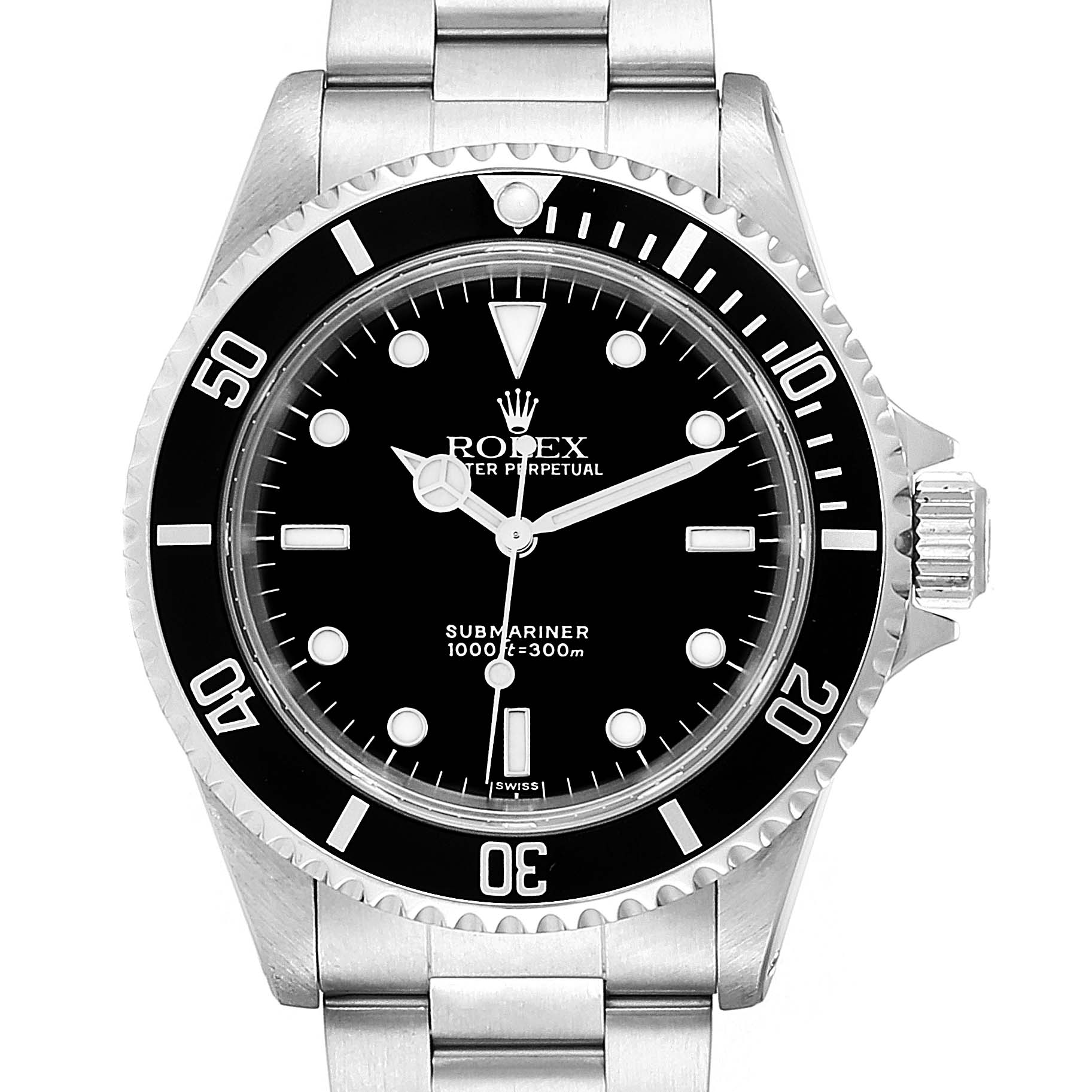 This image shows a front view of the Rolex Submariner 14060 Men
s Stainless Steel Black Dial 14060 Men
s Stainless Steel Black Dial watch, displaying the dial, bezel, and part of the bracelet.