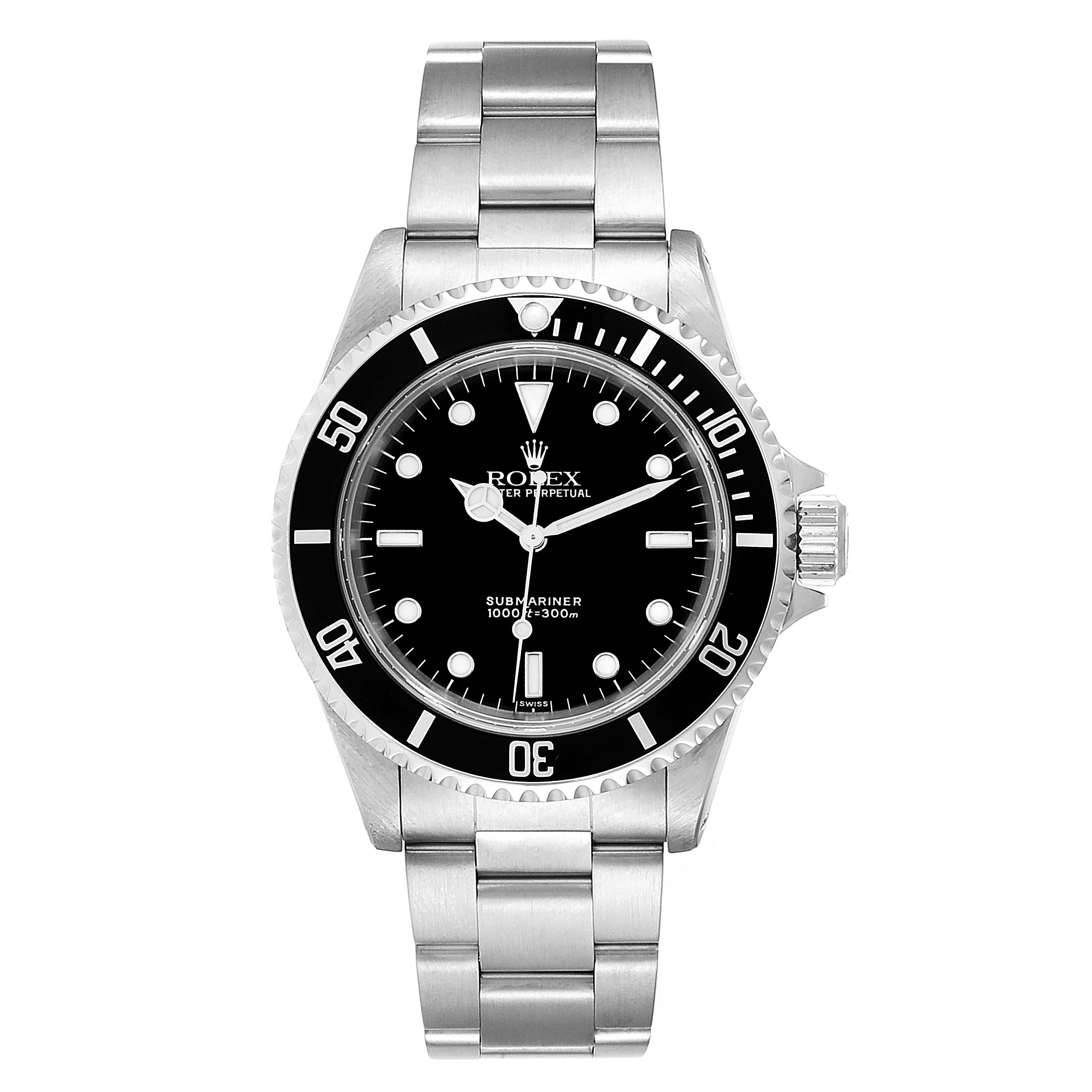 This Rolex Submariner 14060 Men
s Stainless Steel Black Dial 14060 Men
s Stainless Steel Black Dial watch is shown from a front angle, displaying the face, bezel, and stainless steel bracelet.
